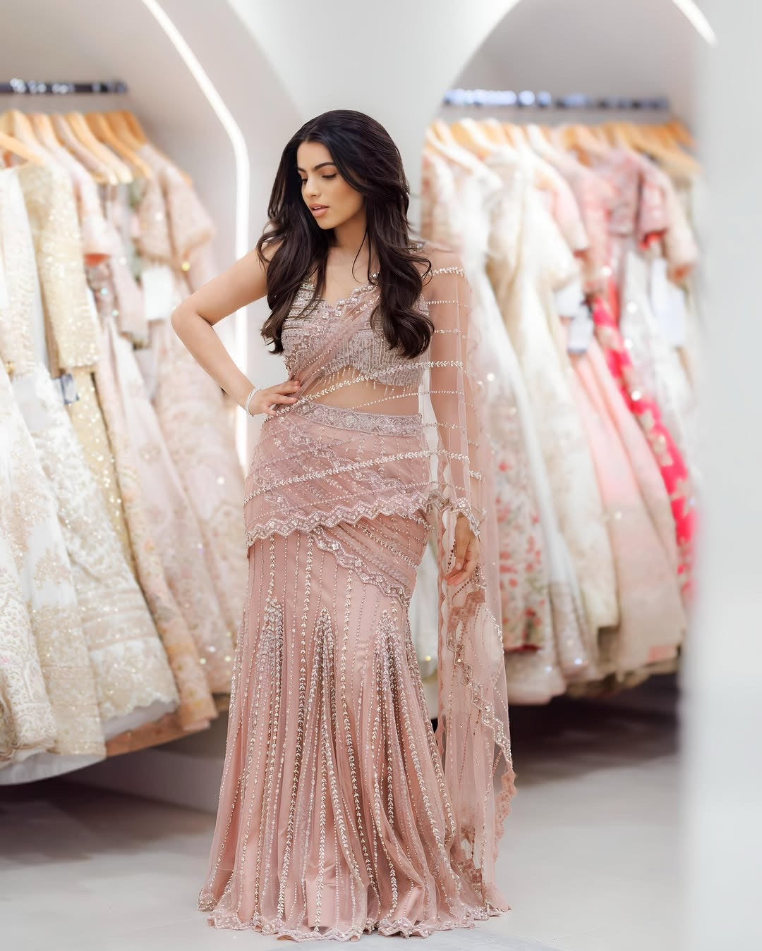 Jaya thandi In pink net fully embroidered pre-stitched saree