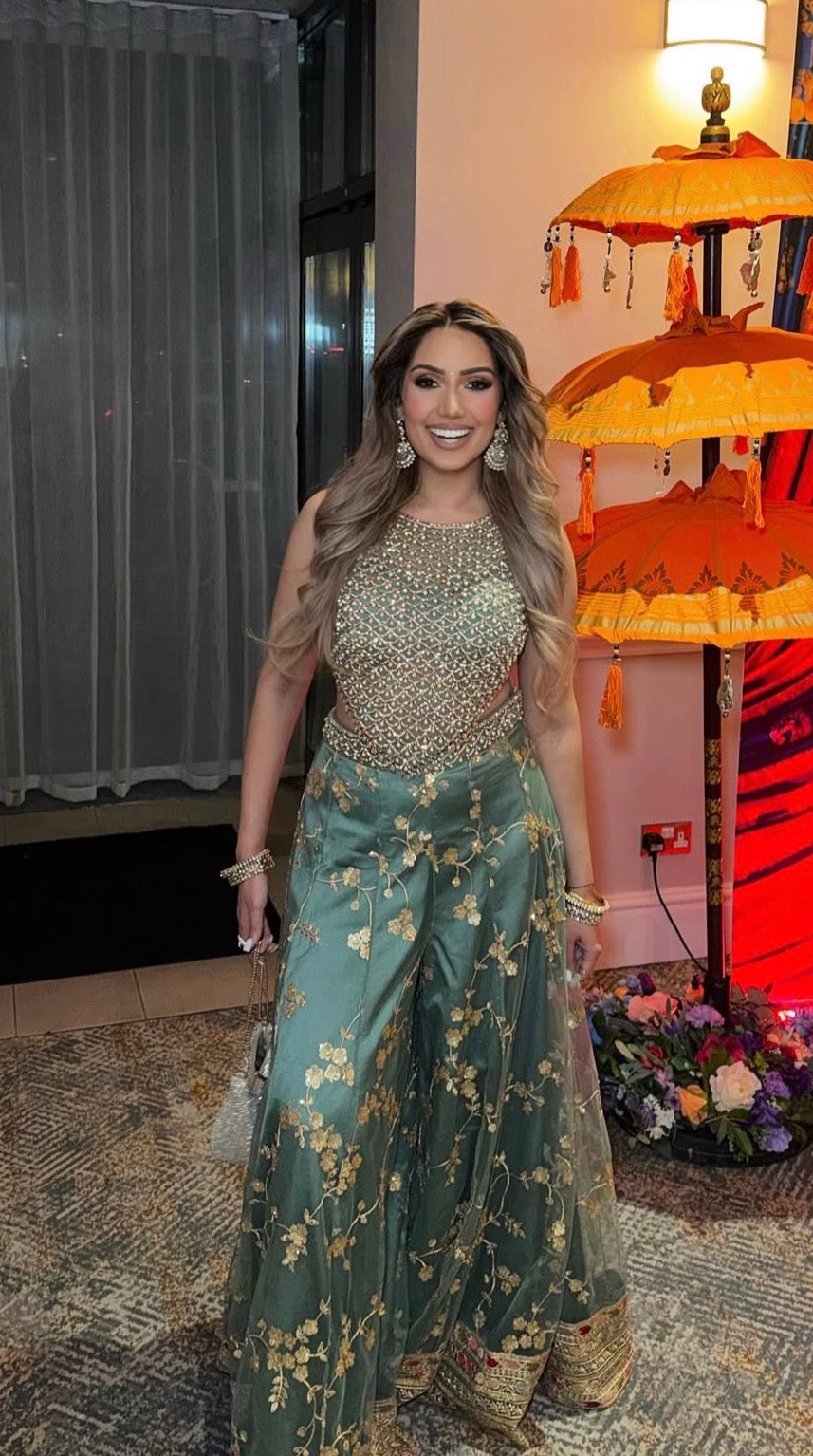 EMBROIDERED PEARL TOP WITH GREEN SHARARA