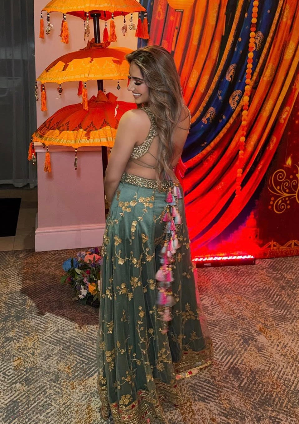 EMBROIDERED PEARL TOP WITH GREEN SHARARA