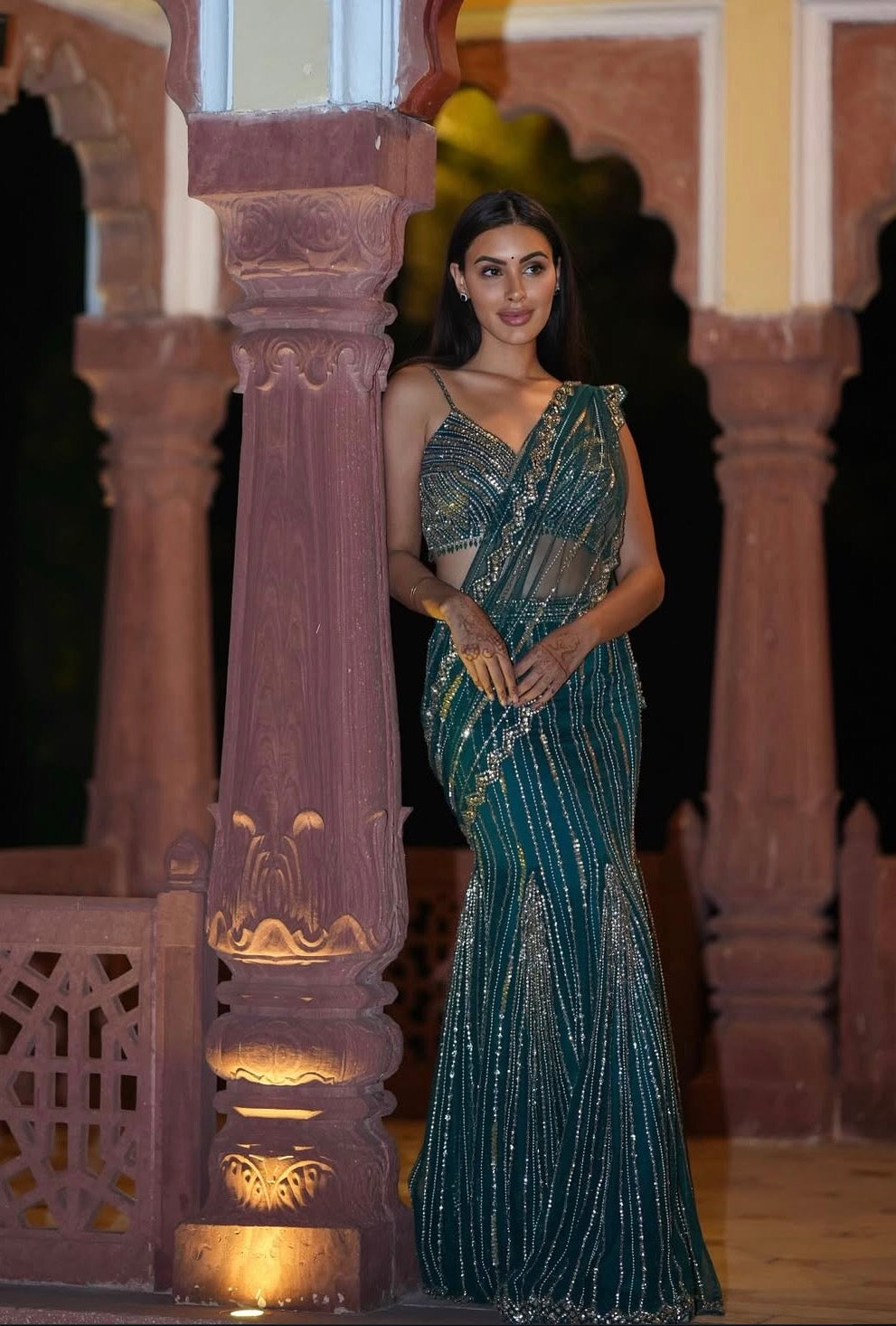 Deana Uppal in Green Full embroidered Stitched Saree paired with Top