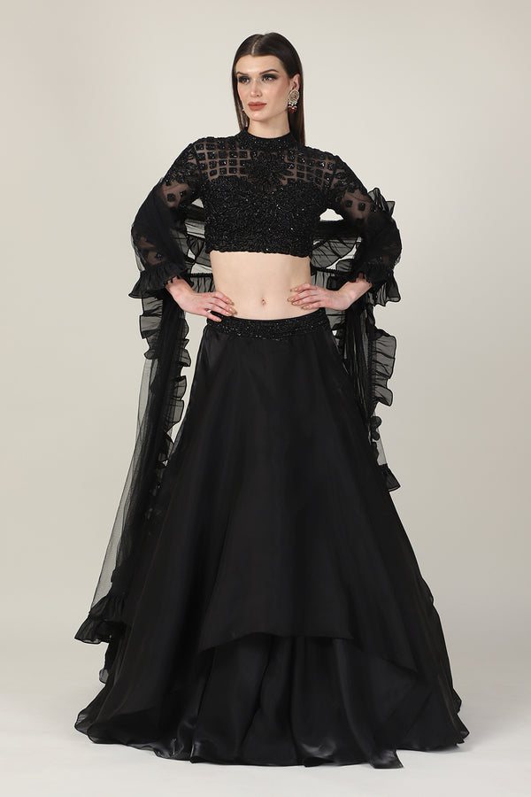 BLACK EMB FULL SLEEVE TOP WITH DOUBLE LAYER SKIRT