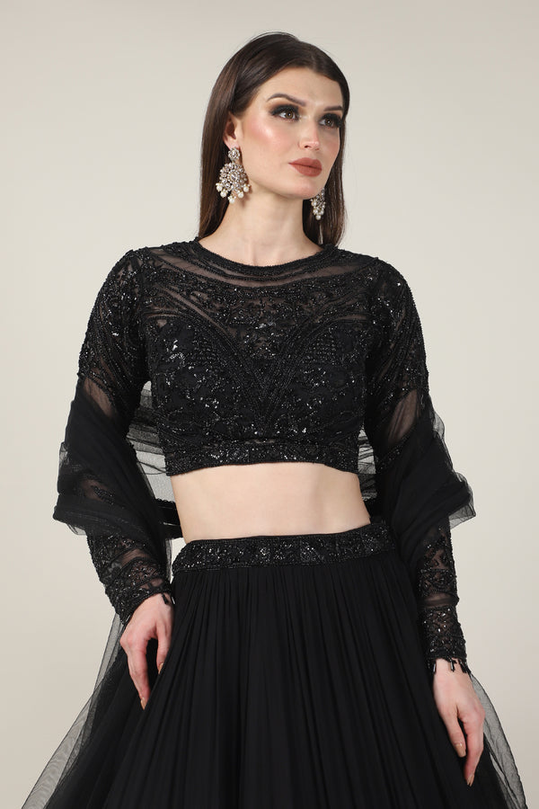 BLACK EMB FULL SLEEVE TOP WITH RUSSING SKIRT