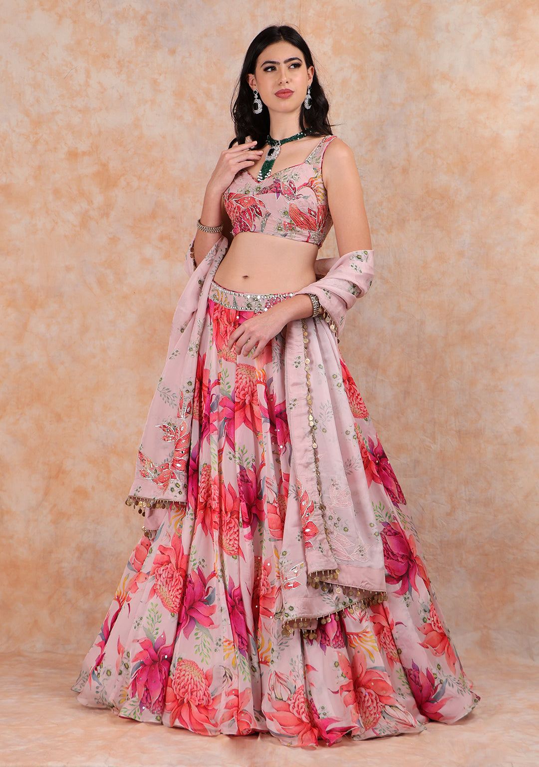 PINK PRINTED ORGANZA LEHENGA & DUPATTA WTH ELEGANT TOP