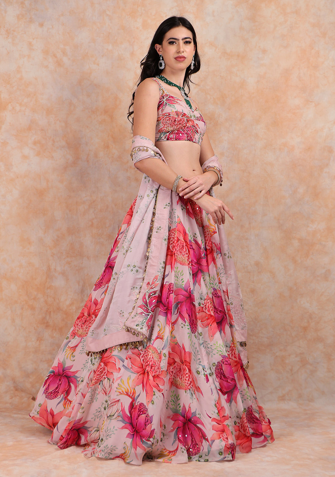 PINK PRINTED ORGANZA LEHENGA & DUPATTA WTH ELEGANT TOP