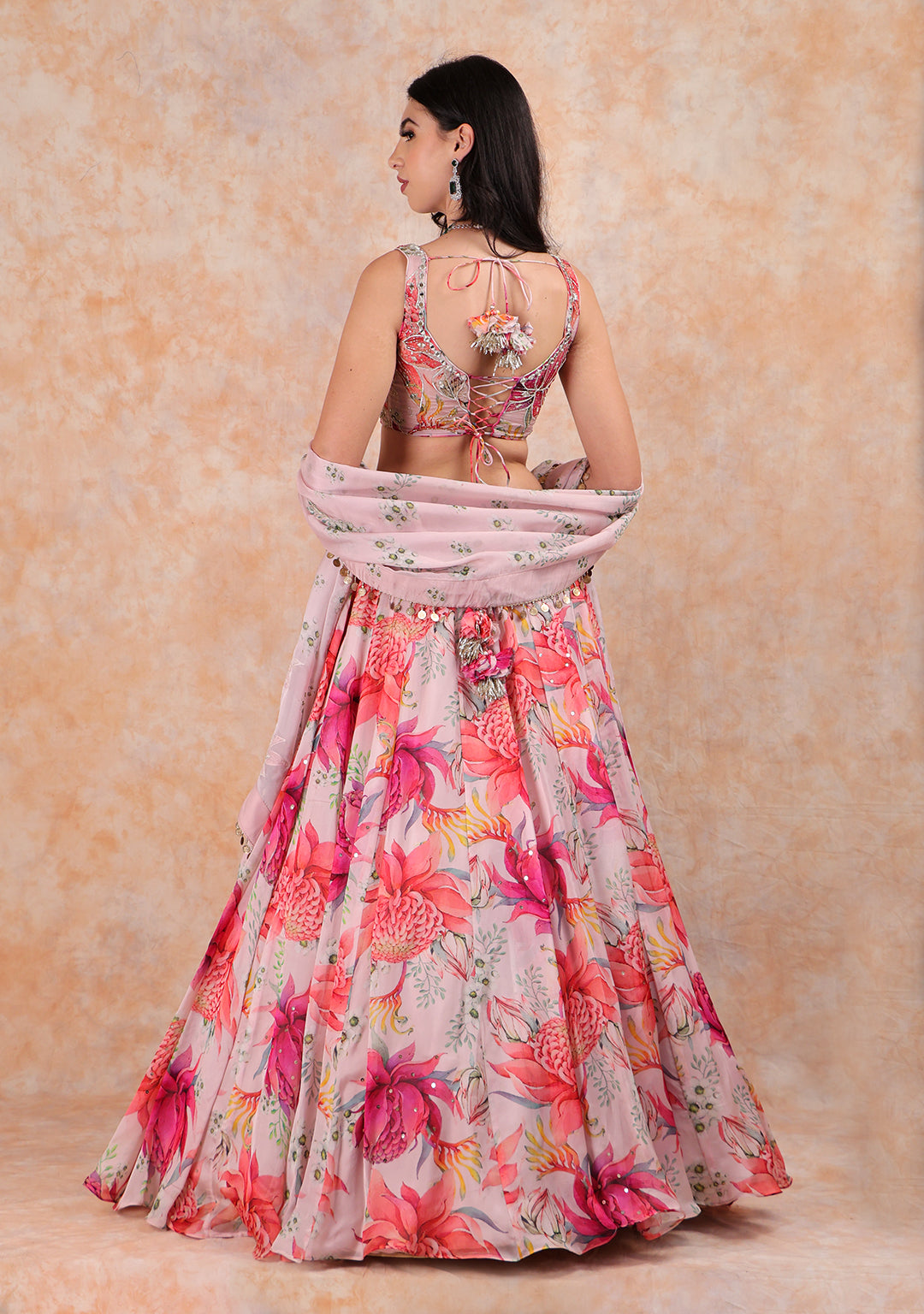 PINK PRINTED ORGANZA LEHENGA & DUPATTA WTH ELEGANT TOP