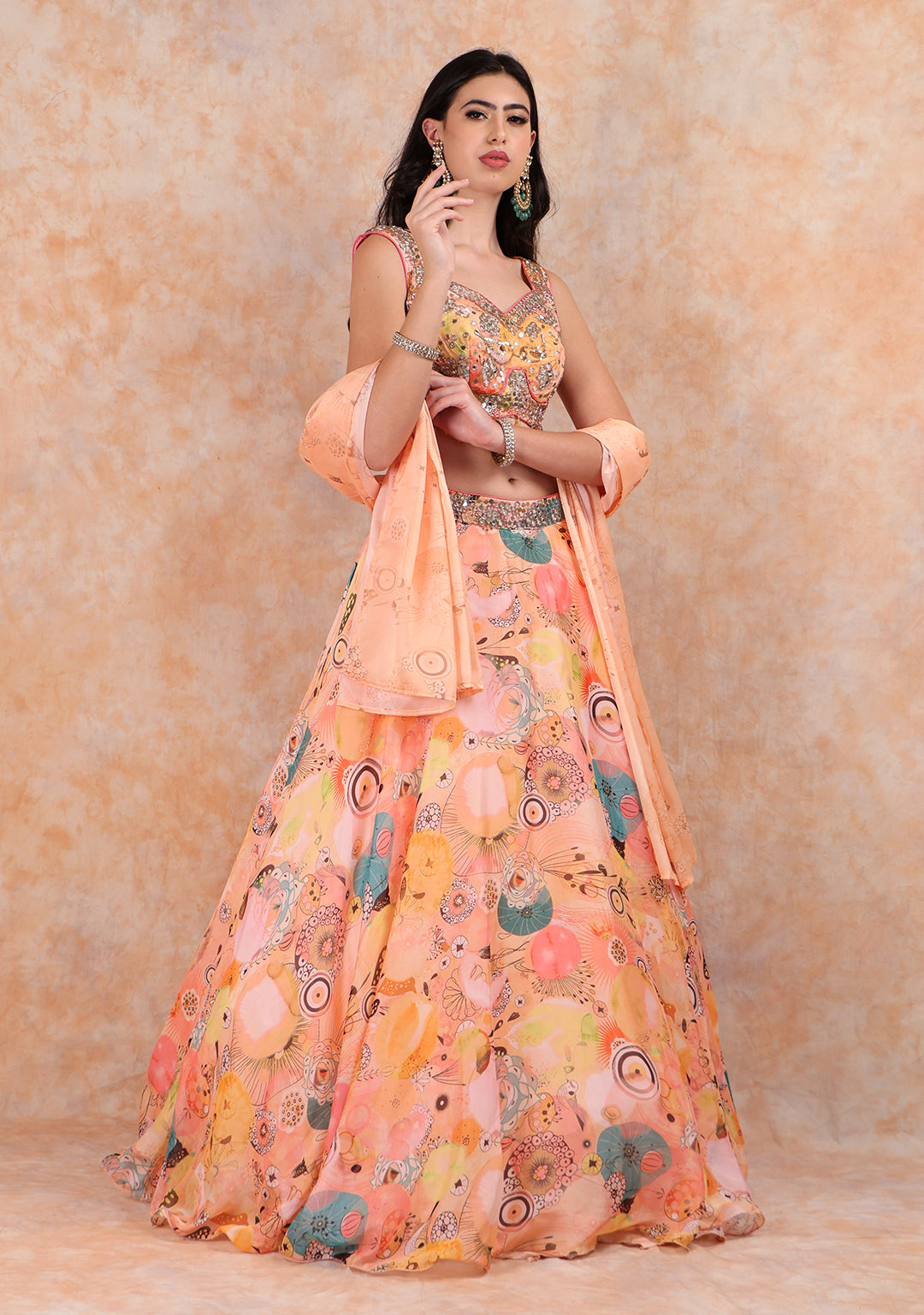 PEACH PRINTED ORGANZA LEHENGA & DUPATTA WTH ELEGANT TOP