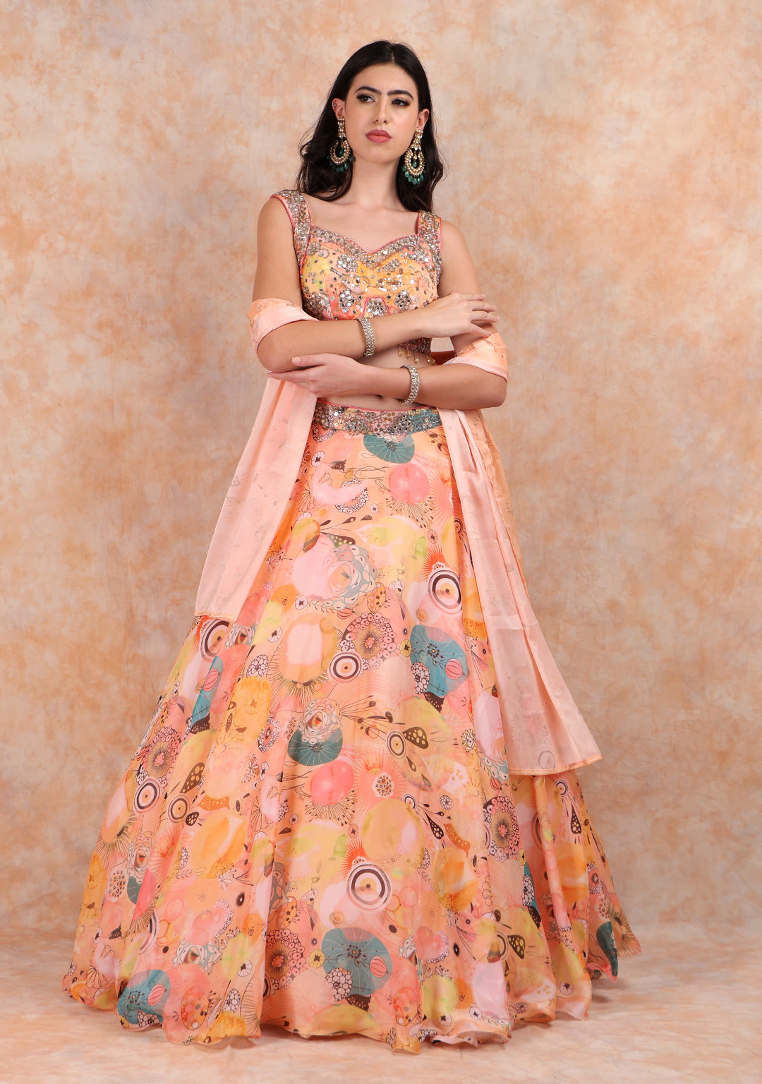 PEACH PRINTED ORGANZA LEHENGA & DUPATTA WTH ELEGANT TOP