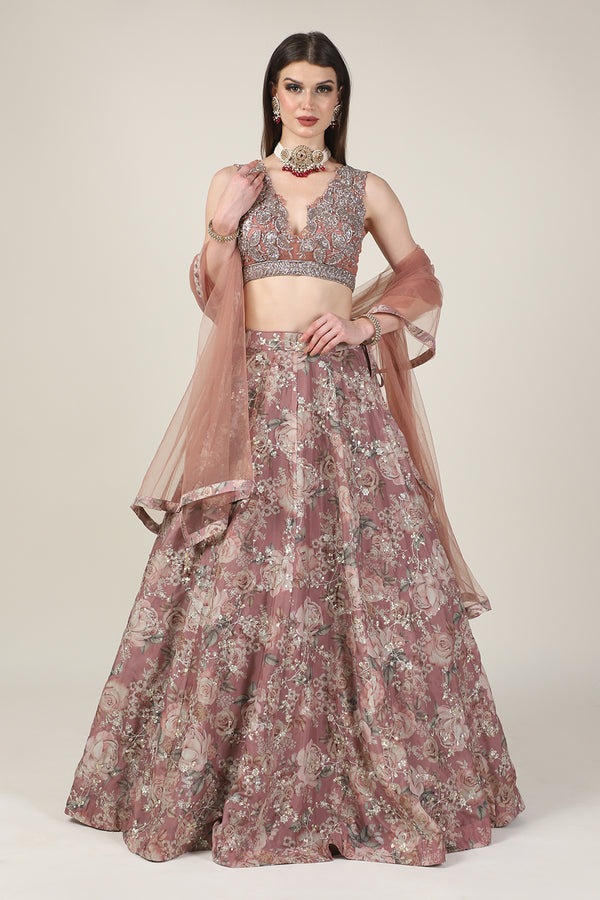 DULL PINK EMB TOP WITH PRINTED ZARI SKIRT