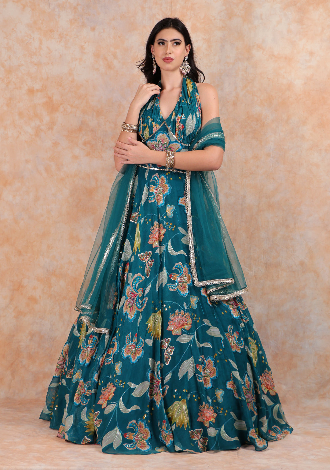HALTER TEAL GREEN  GOWN WITH DUPATTA