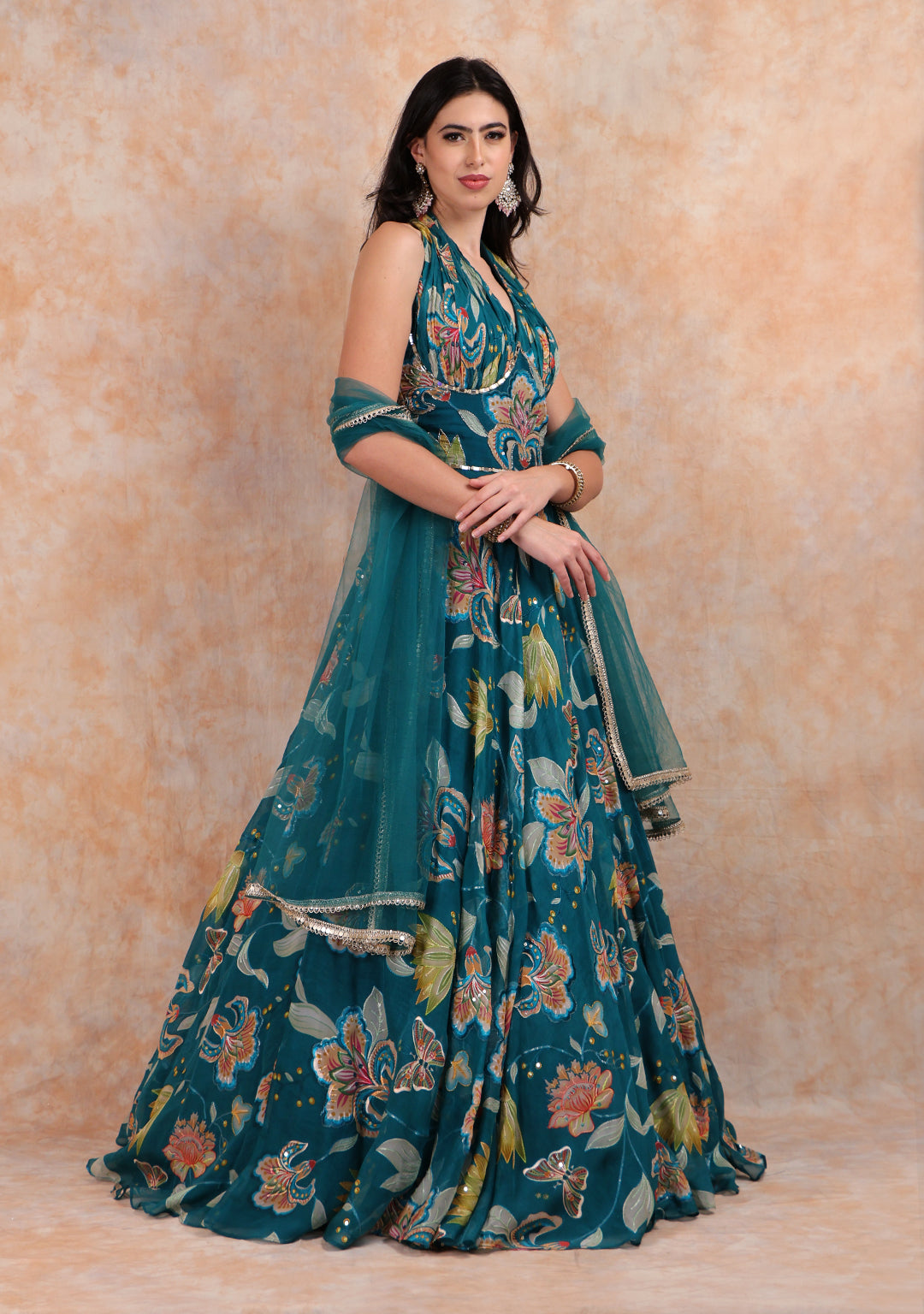 HALTER TEAL GREEN  GOWN WITH DUPATTA