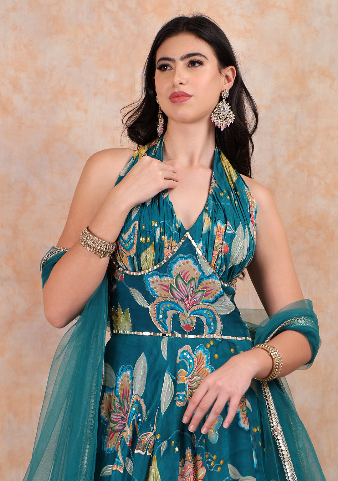 HALTER TEAL GREEN  GOWN WITH DUPATTA