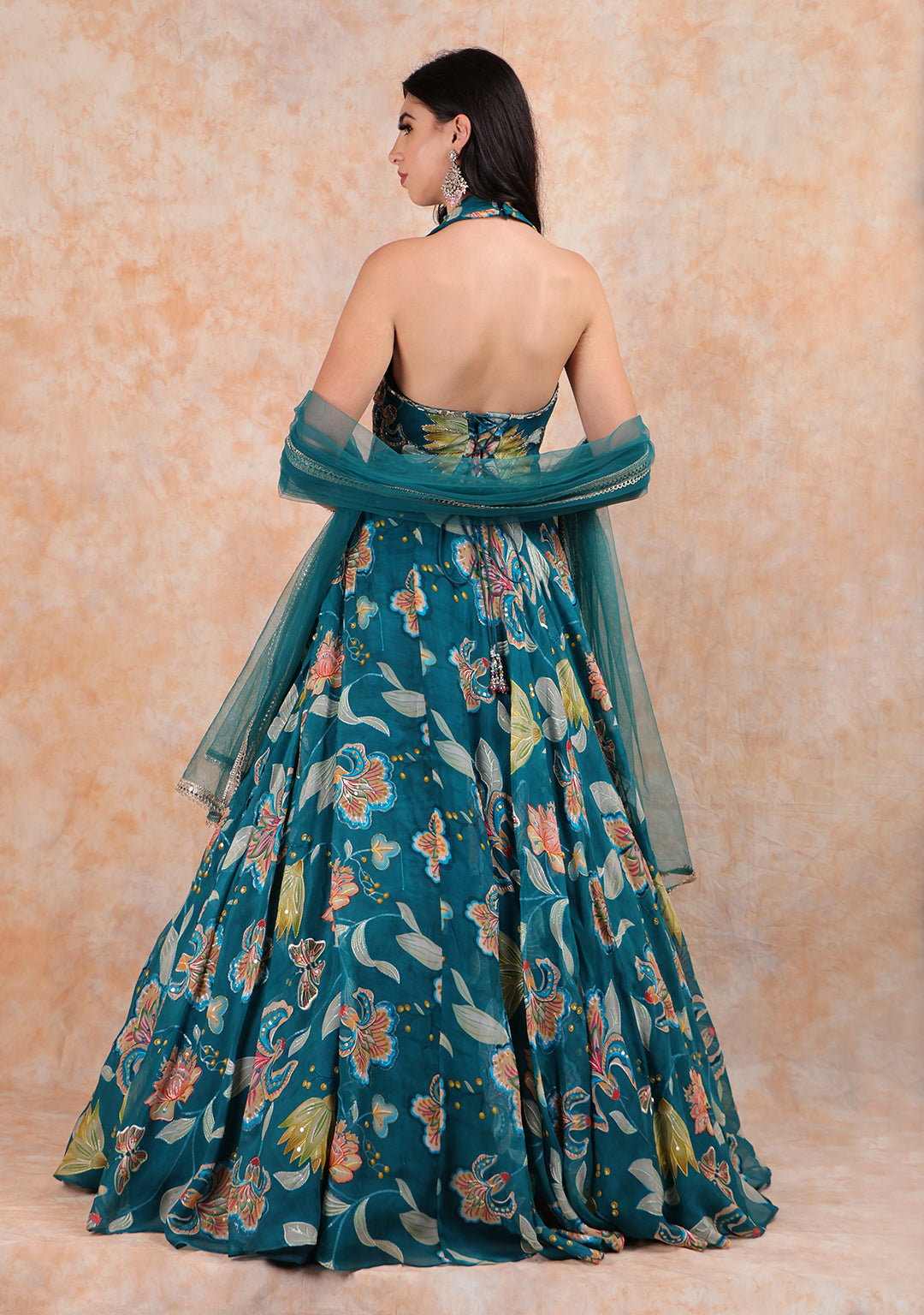 HALTER TEAL GREEN  GOWN WITH DUPATTA