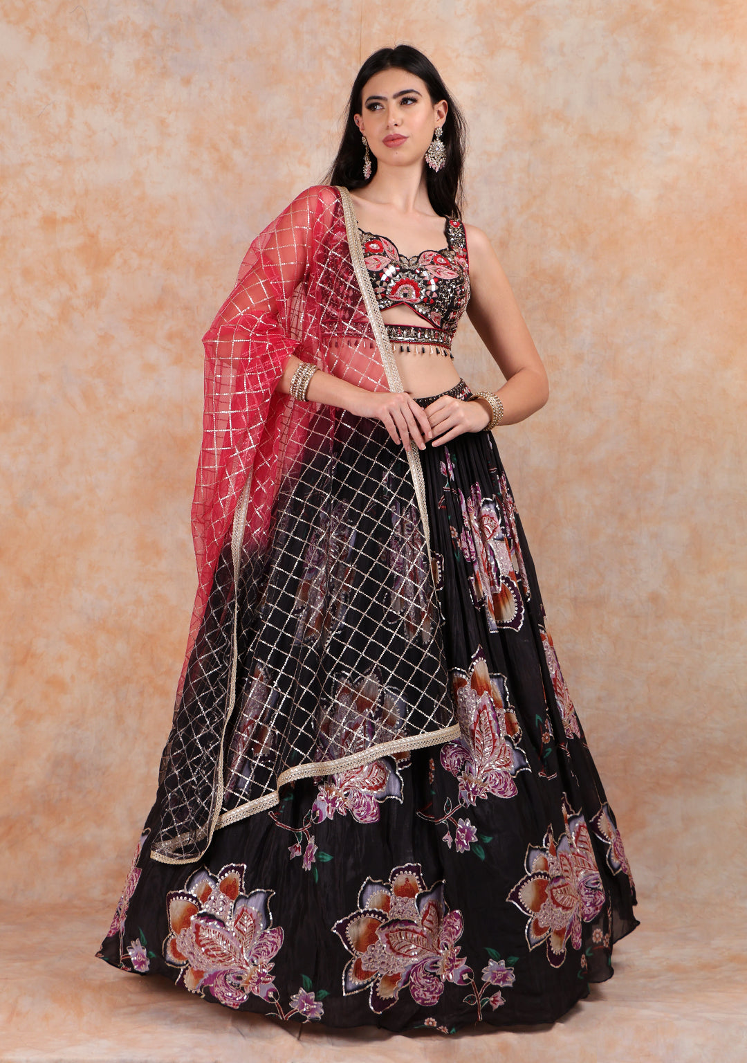 BLACK HAND EMBROIDERY TOP WITH PRINTED ORGANZA LEHENGA AND NET DUPATTA