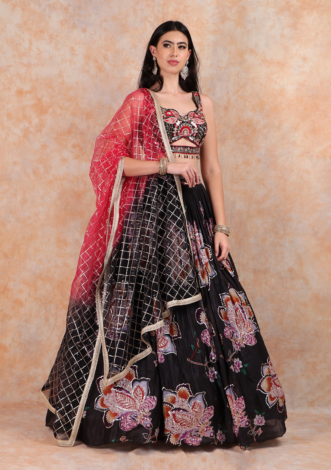 BLACK HAND EMBROIDERY TOP WITH PRINTED ORGANZA LEHENGA AND NET DUPATTA