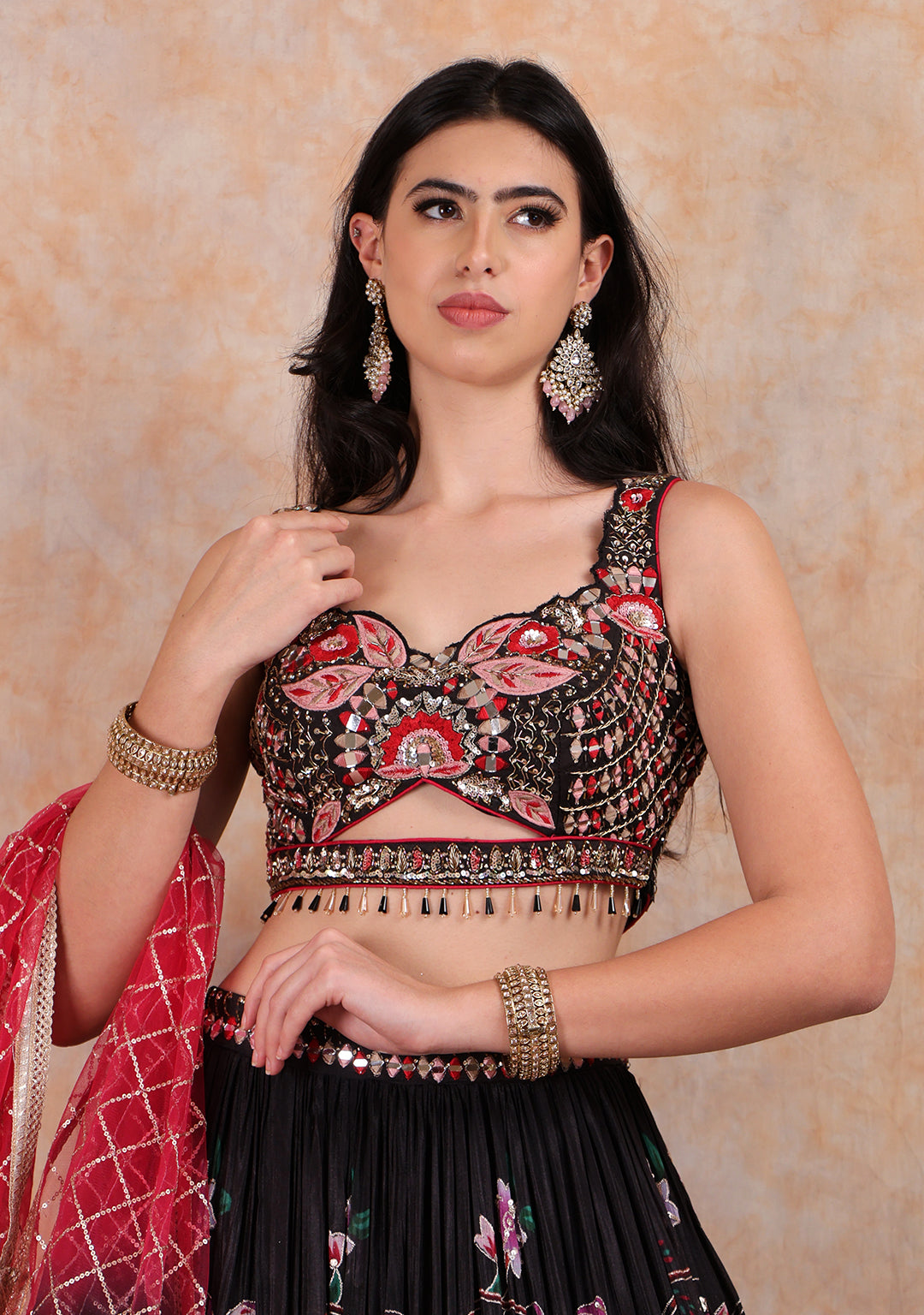 BLACK HAND EMBROIDERY TOP WITH PRINTED ORGANZA LEHENGA AND NET DUPATTA