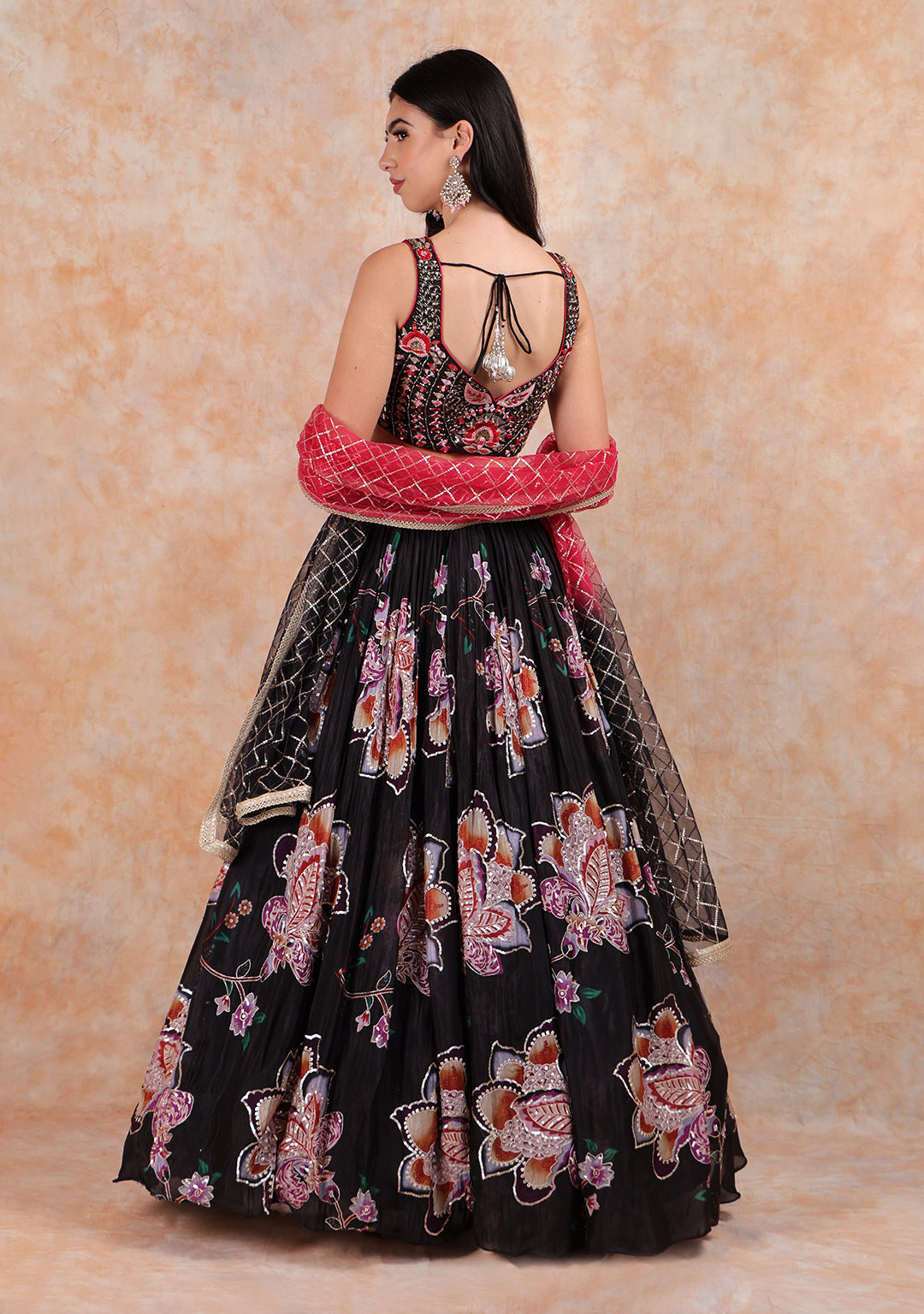 BLACK HAND EMBROIDERY TOP WITH PRINTED ORGANZA LEHENGA AND NET DUPATTA