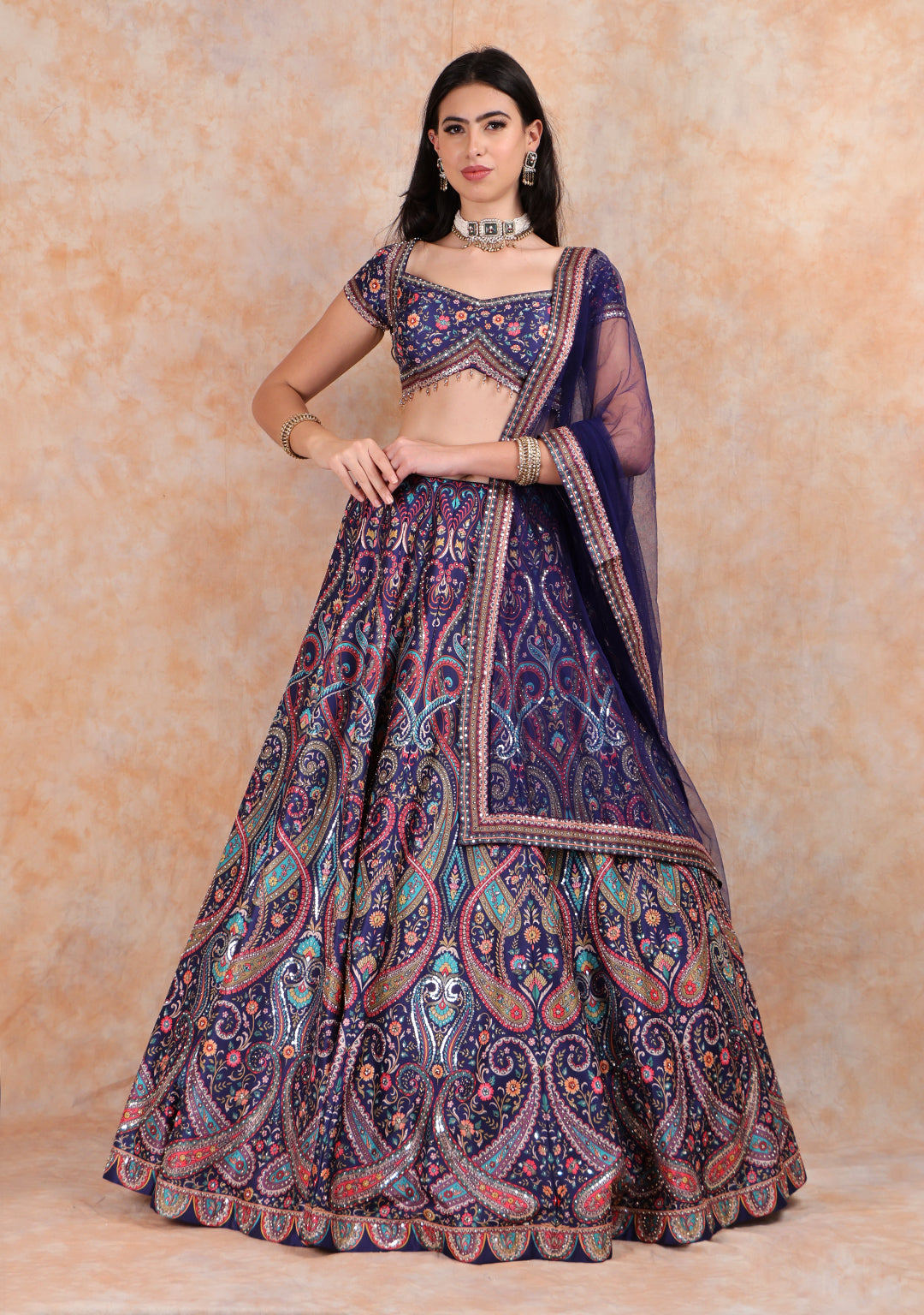 BLUE PRINTED LEHENGA WITH EMBROIDERED TOP WITH DUPTTA