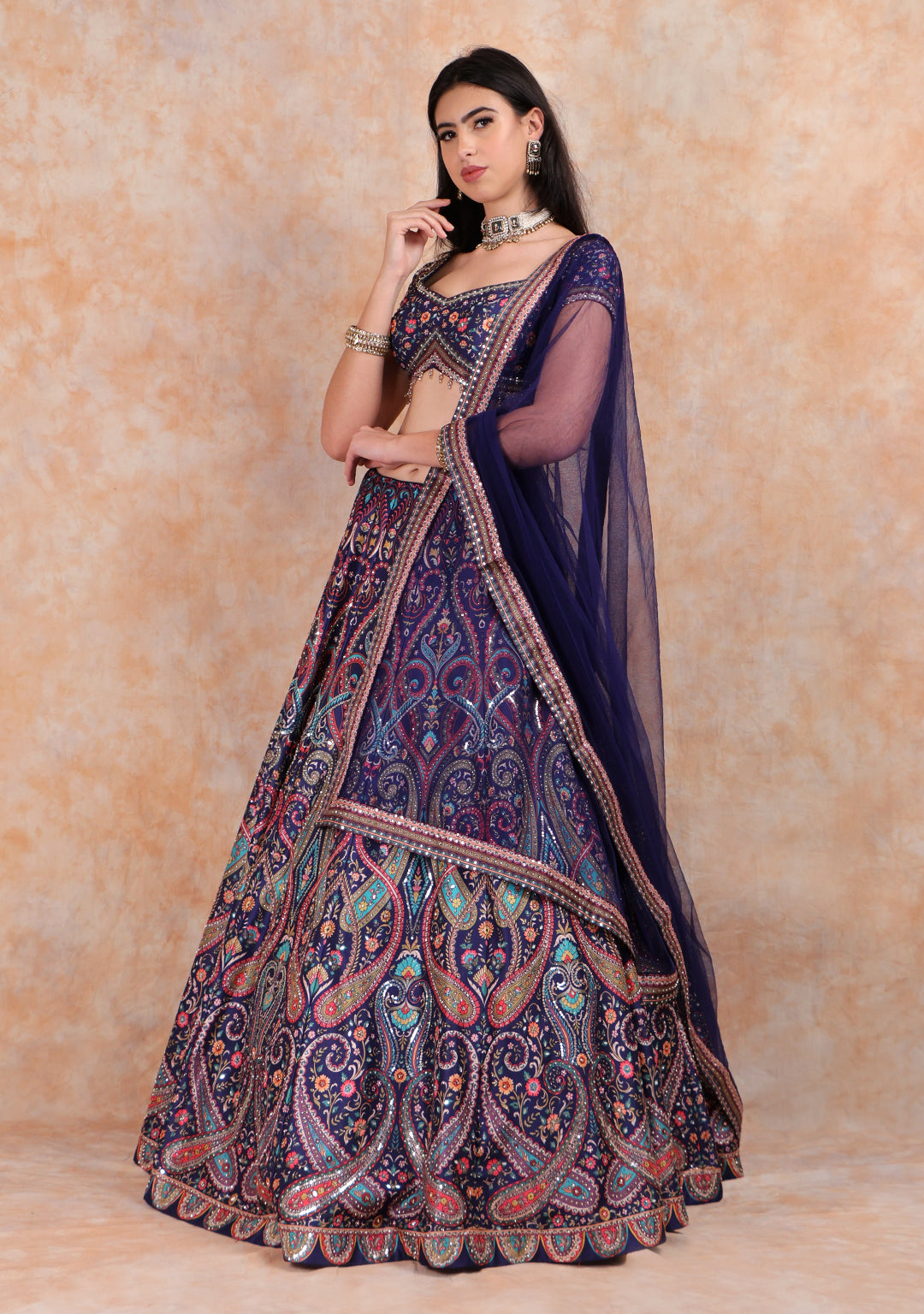BLUE PRINTED LEHENGA WITH EMBROIDERED TOP WITH DUPTTA