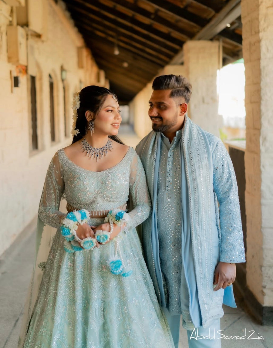 Fartashia Jawaid's Haldi in Blue Pastel Lehenga