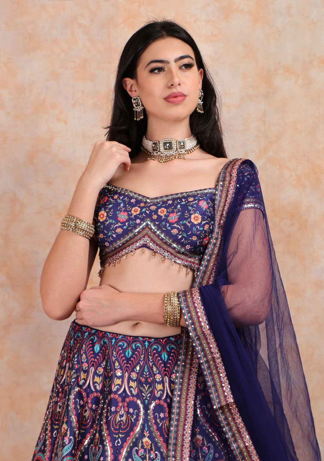 BLUE PRINTED LEHENGA WITH EMBROIDERED TOP WITH DUPTTA