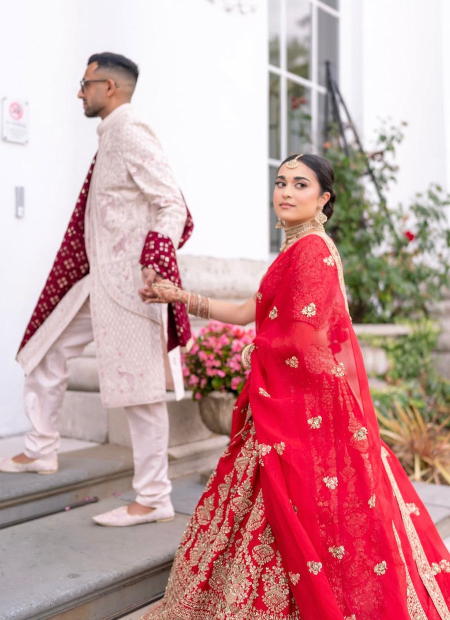 Kyle & Shivani in Ivory & Crimson Wedding Attire