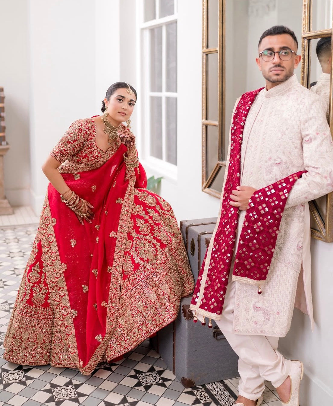 Kyle & Shivani in Ivory & Crimson Wedding Attire