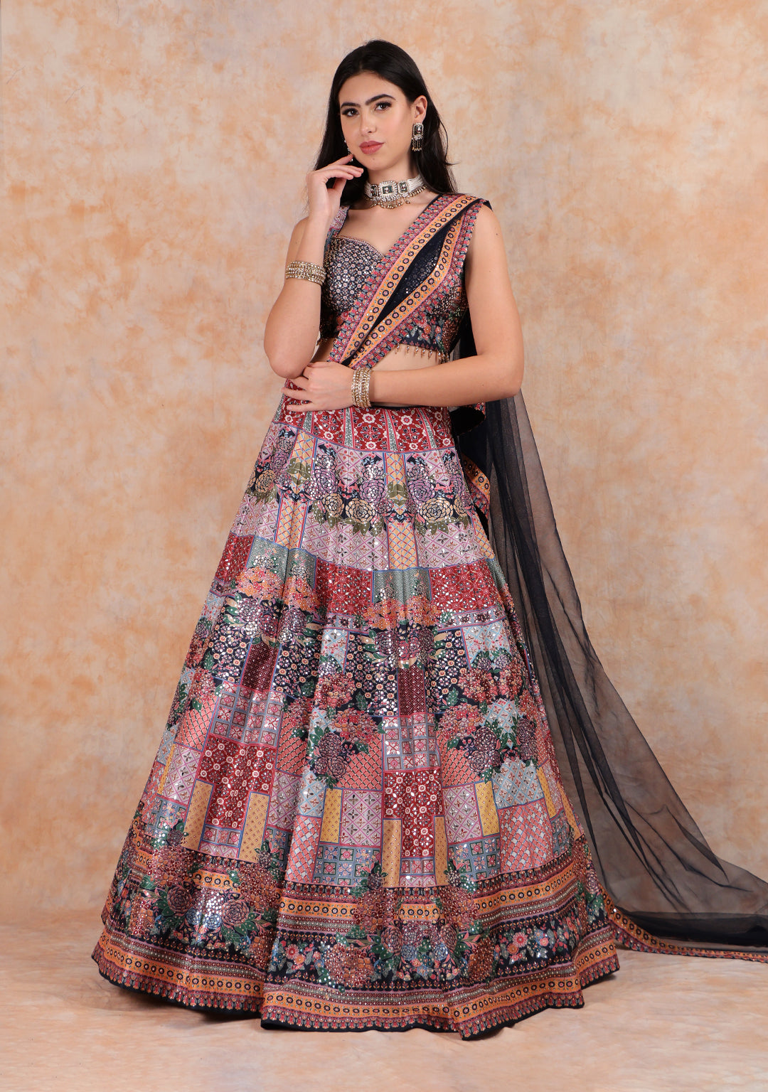 MULTI PRINTED LEHENGA WITH EMBROIDERED TOP WITH NET DUPTTA