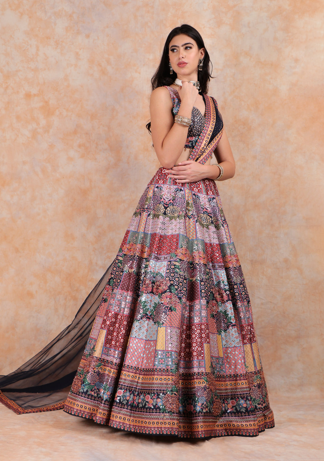 MULTI PRINTED LEHENGA WITH EMBROIDERED TOP WITH NET DUPTTA