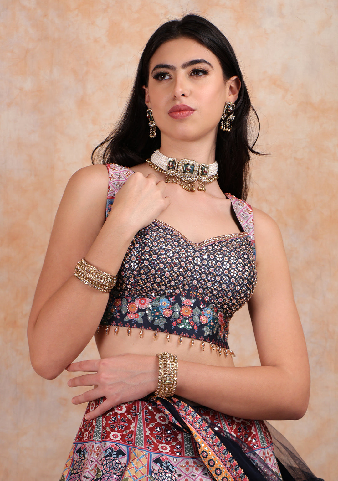MULTI PRINTED LEHENGA WITH EMBROIDERED TOP WITH NET DUPTTA