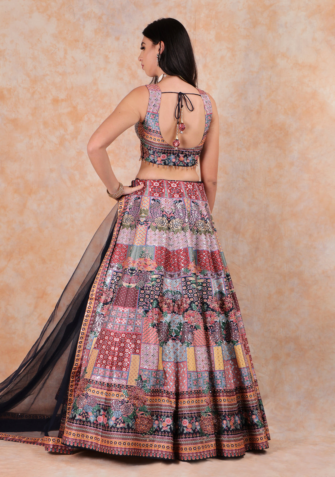 MULTI PRINTED LEHENGA WITH EMBROIDERED TOP WITH NET DUPTTA