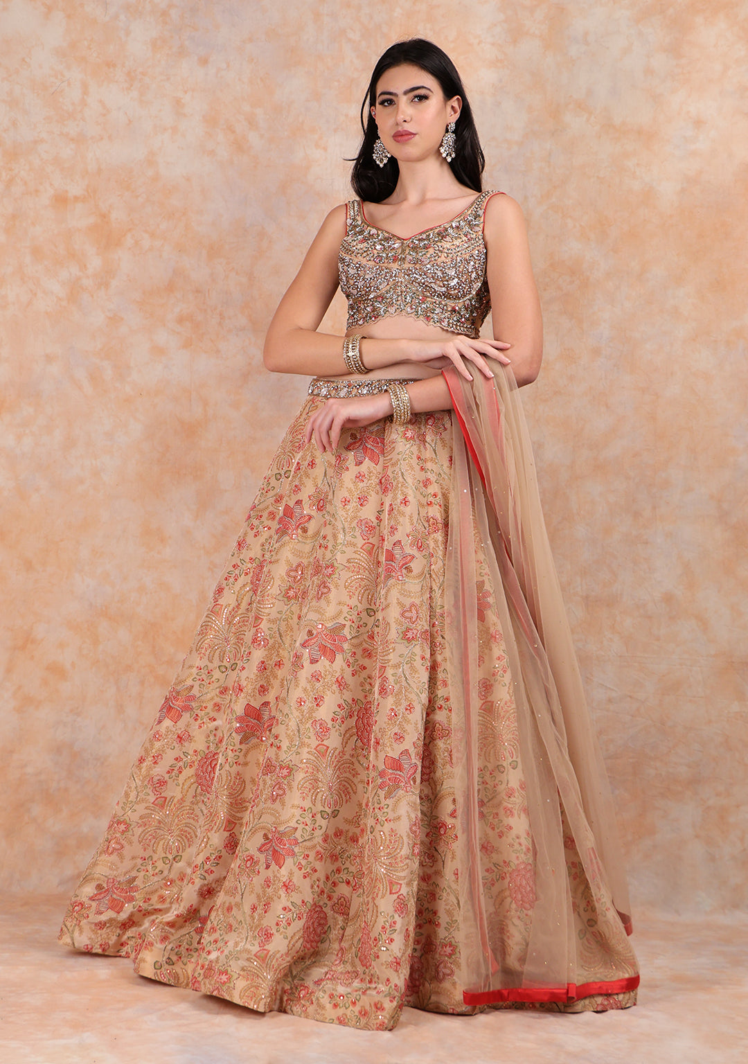 GOLD PRINTED LEHENGA WITH EMBROIDERED TOP WITH NET DUPTTA