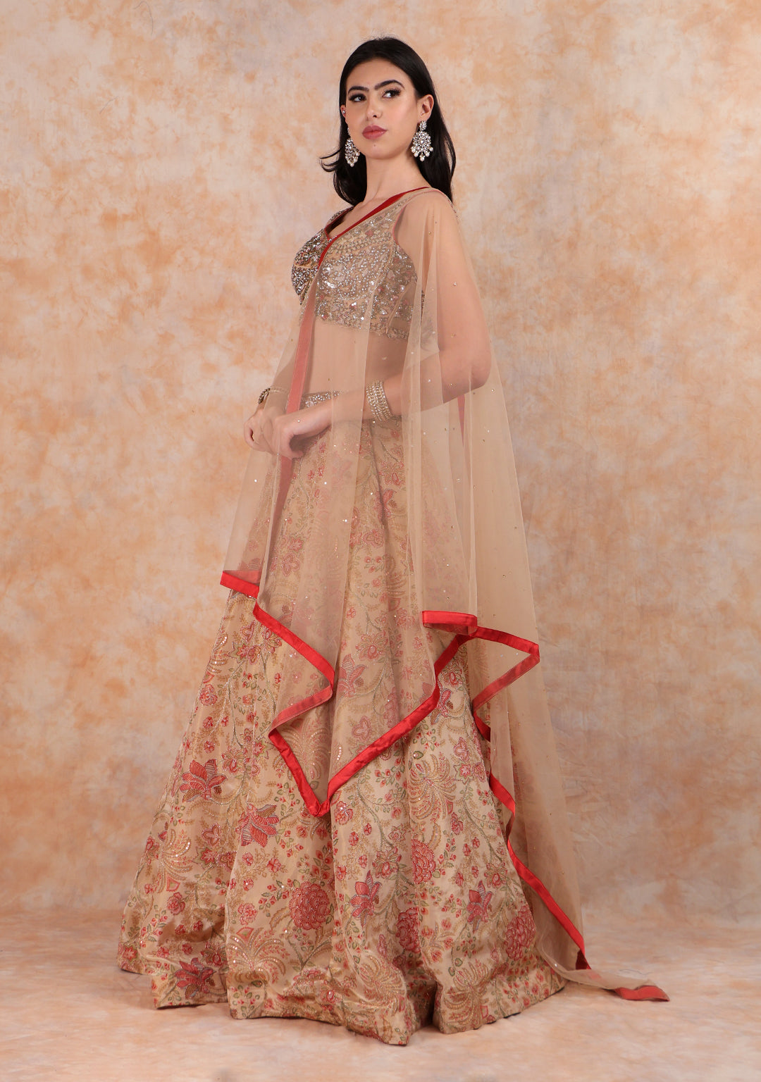 GOLD PRINTED LEHENGA WITH EMBROIDERED TOP WITH NET DUPTTA