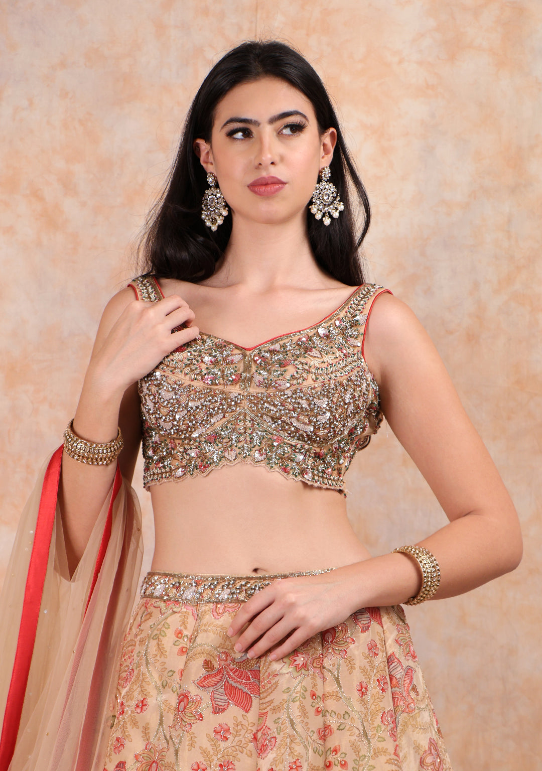 GOLD PRINTED LEHENGA WITH EMBROIDERED TOP WITH NET DUPTTA