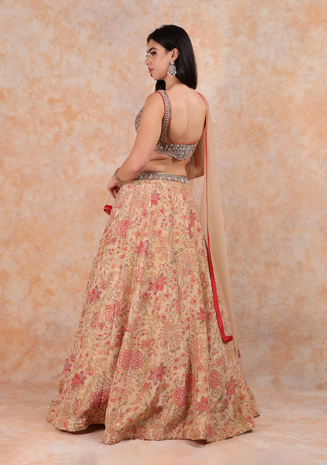 GOLD PRINTED LEHENGA WITH EMBROIDERED TOP WITH NET DUPTTA