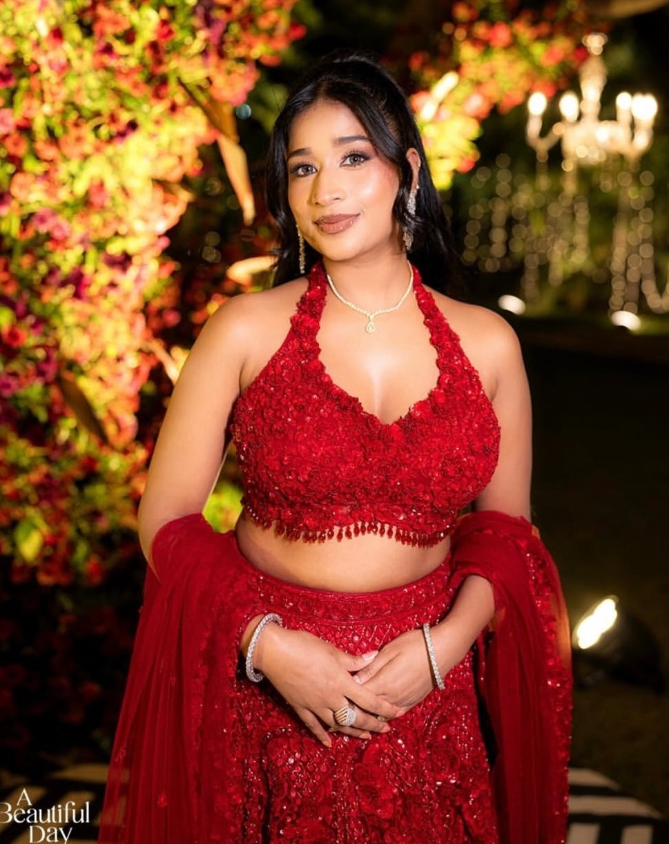 Sri Murahari in Ruby Red Embellished Lehenga
