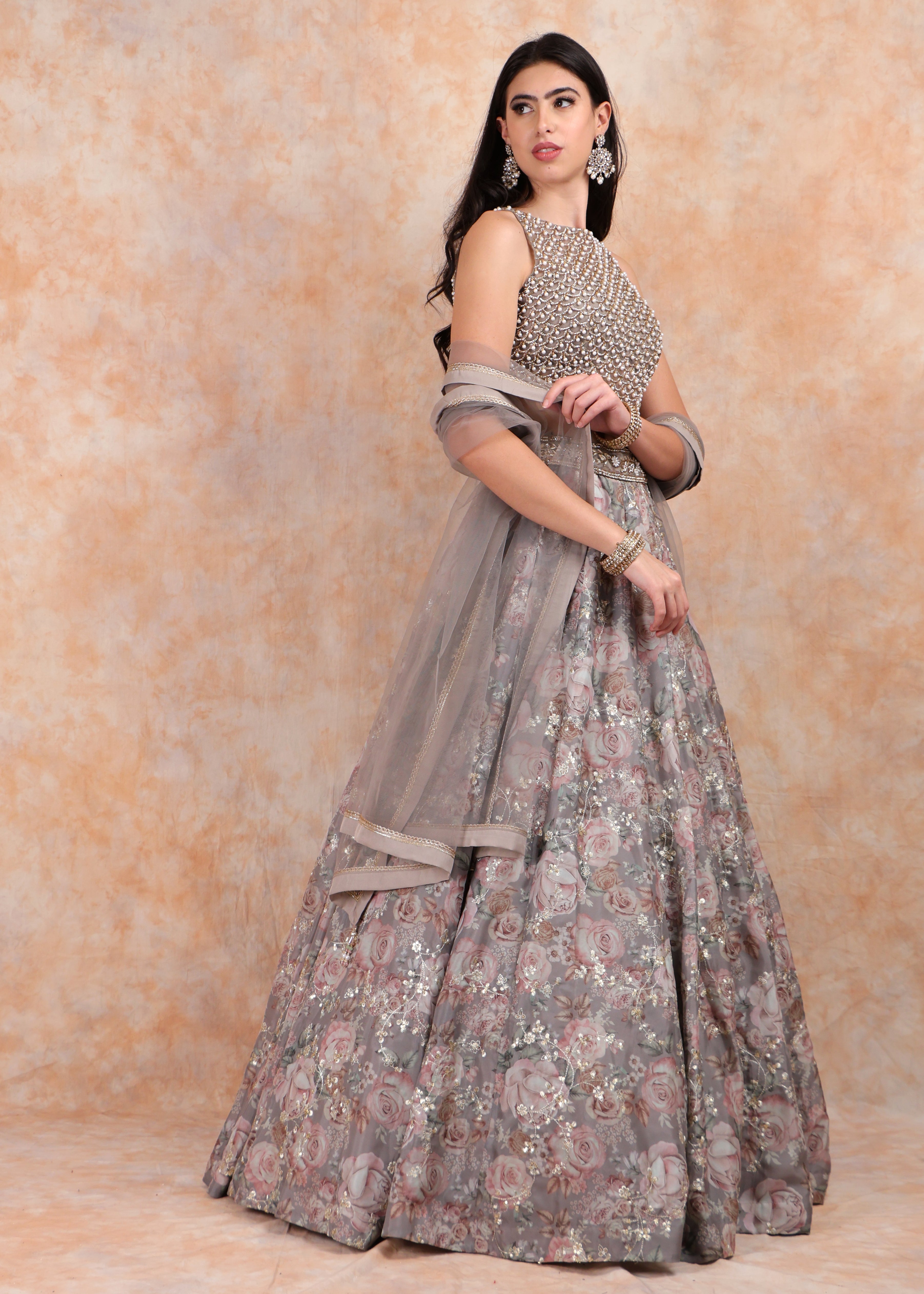GREY PRINTED LEHENGA WITH PEARL EMBROIDERED TOP WITH NET DUPTTA