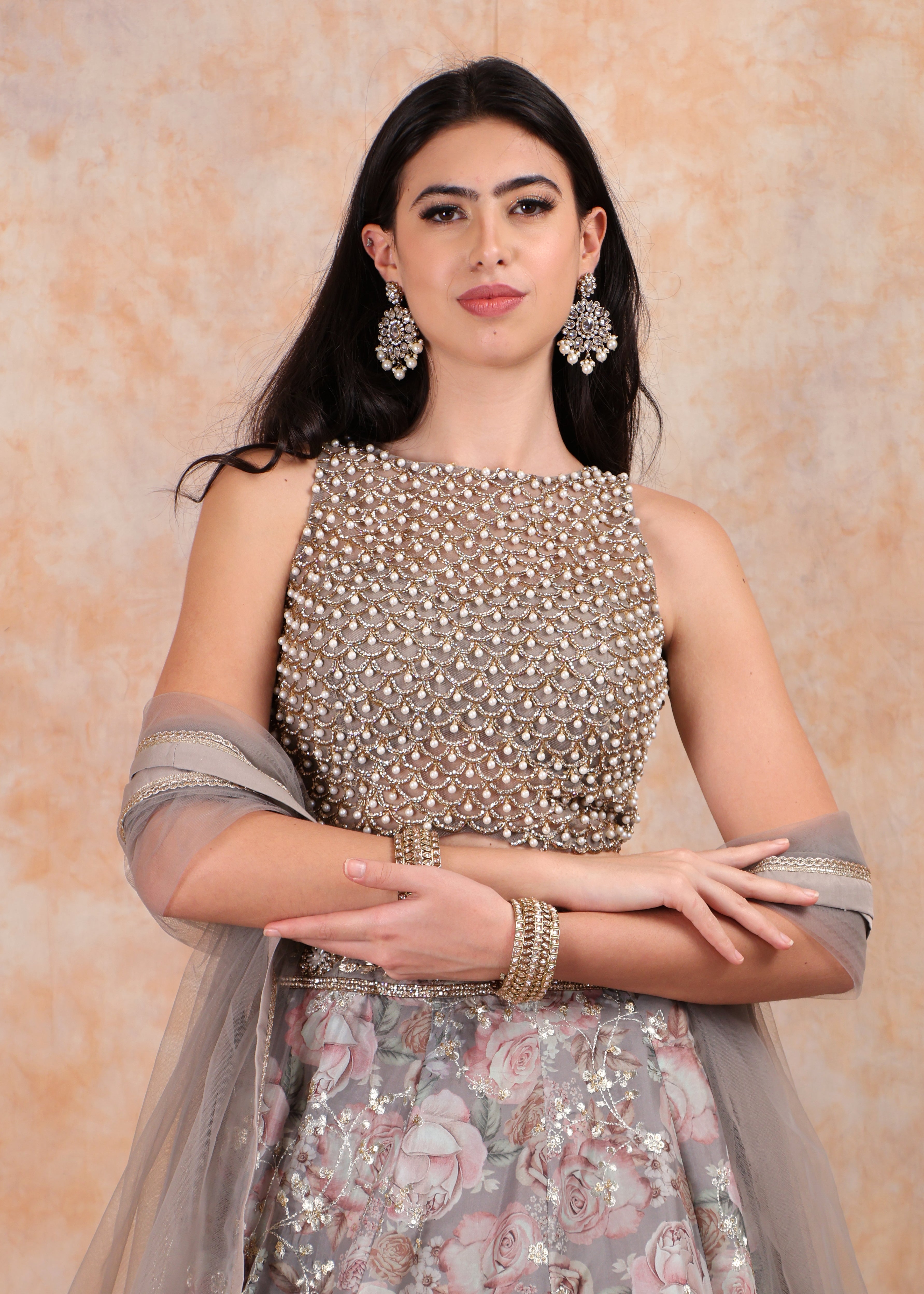 GREY PRINTED LEHENGA WITH PEARL EMBROIDERED TOP WITH NET DUPTTA