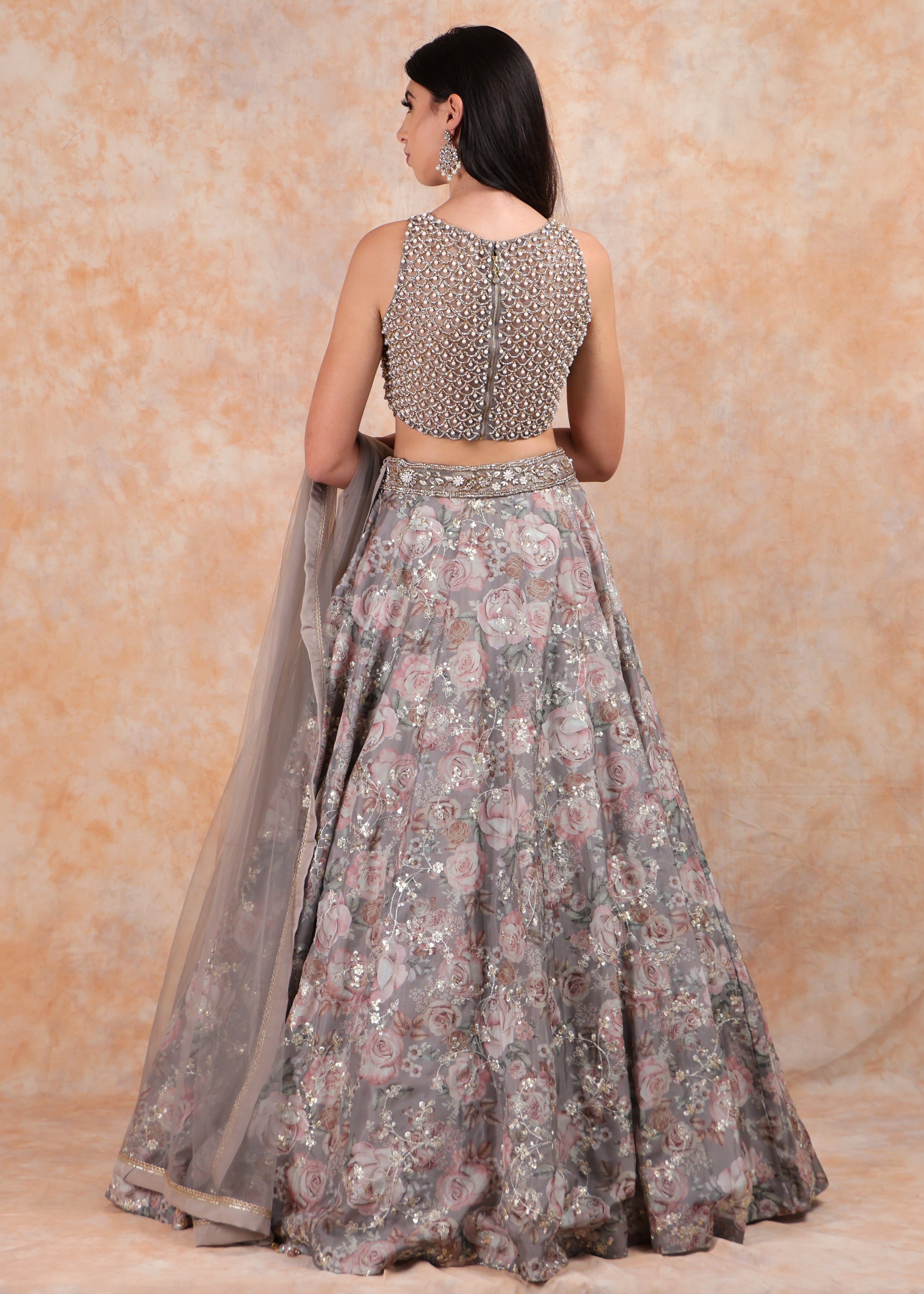 GREY PRINTED LEHENGA WITH PEARL EMBROIDERED TOP WITH NET DUPTTA