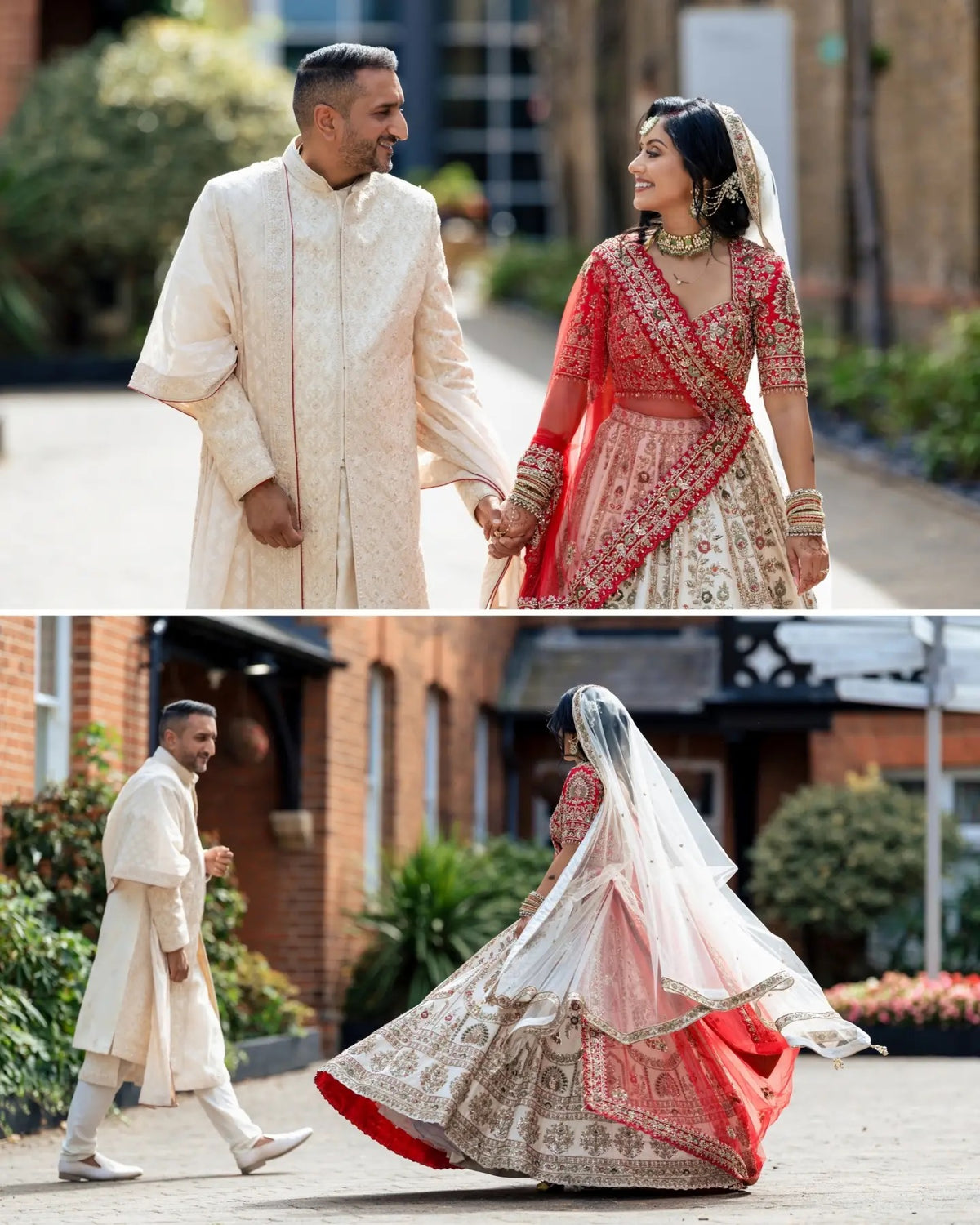 Asha & Pritesh in Ivory & Red Wedding Attire