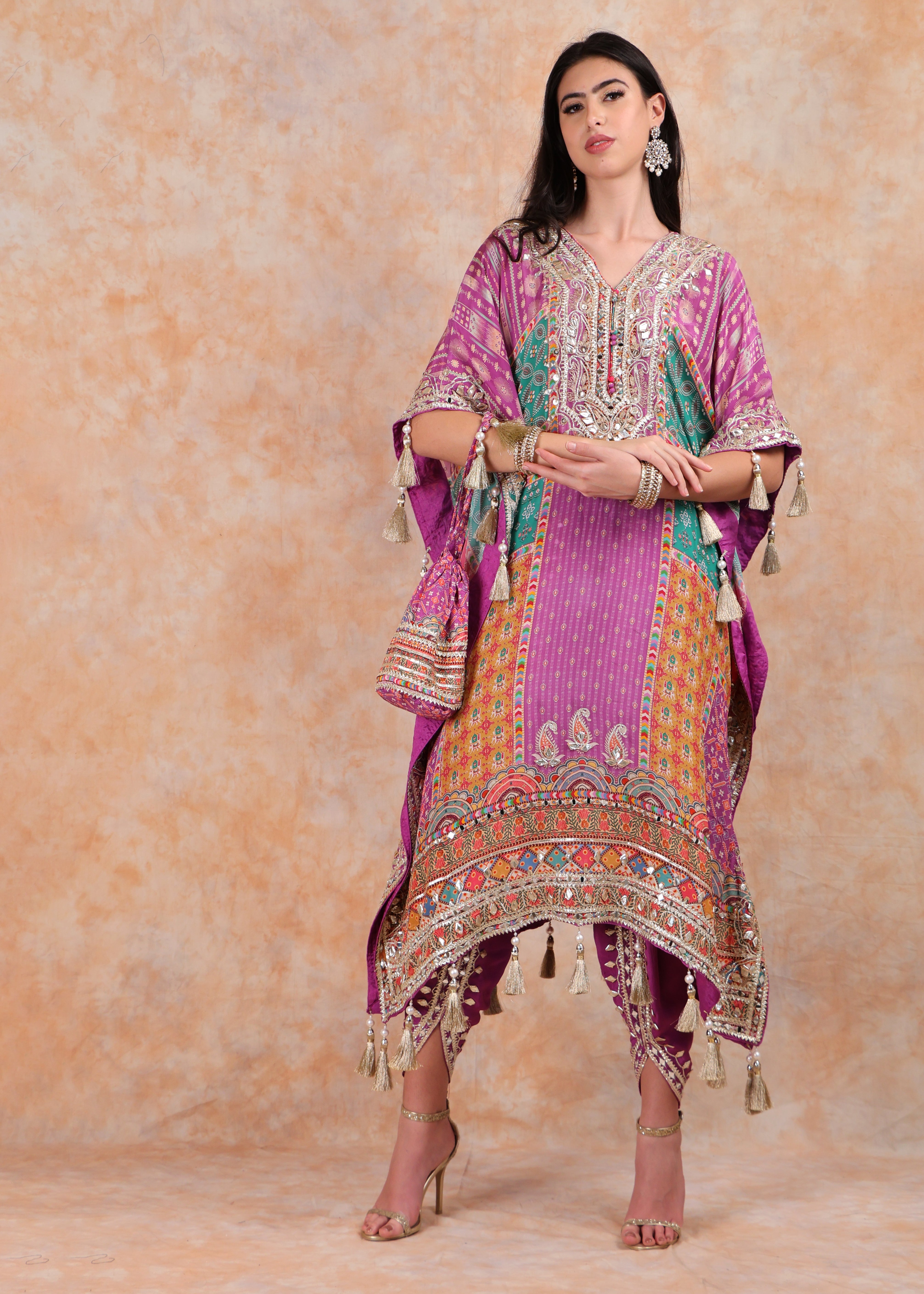 PURPLE PRINTED KAFTAN WITH EMBROIDERY AND SALWAR