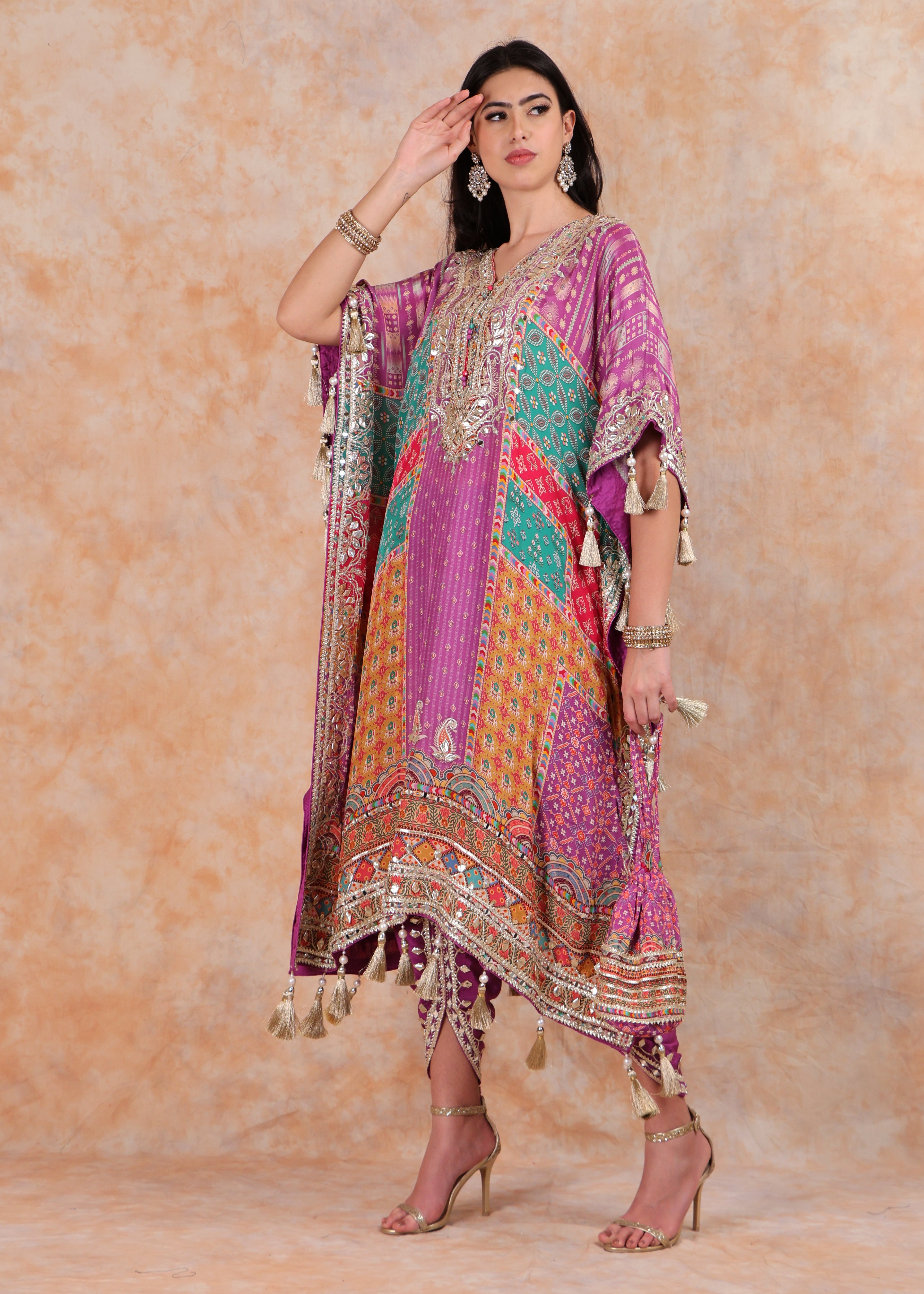 PURPLE PRINTED KAFTAN WITH EMBROIDERY AND SALWAR