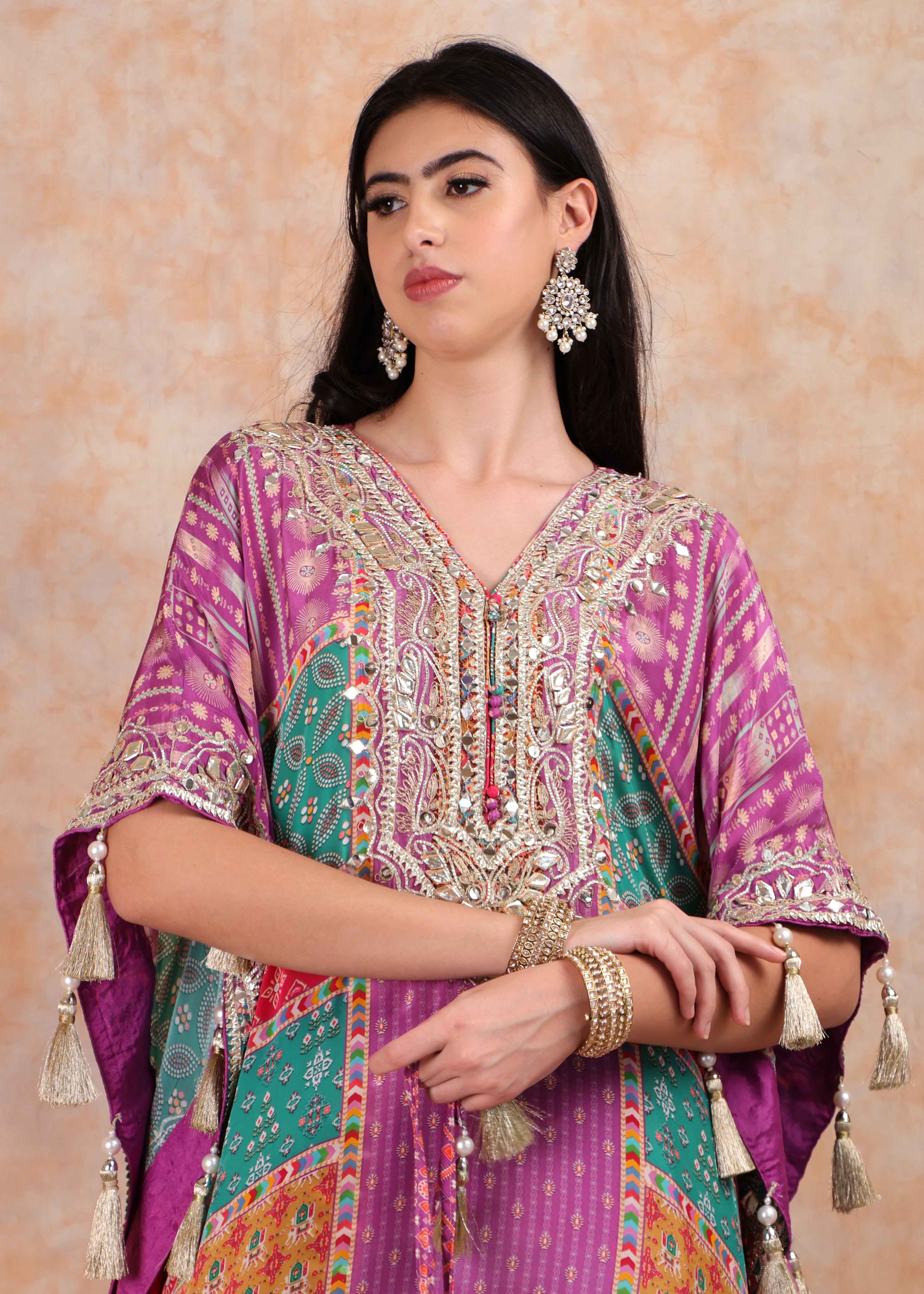 PURPLE PRINTED KAFTAN WITH EMBROIDERY AND SALWAR