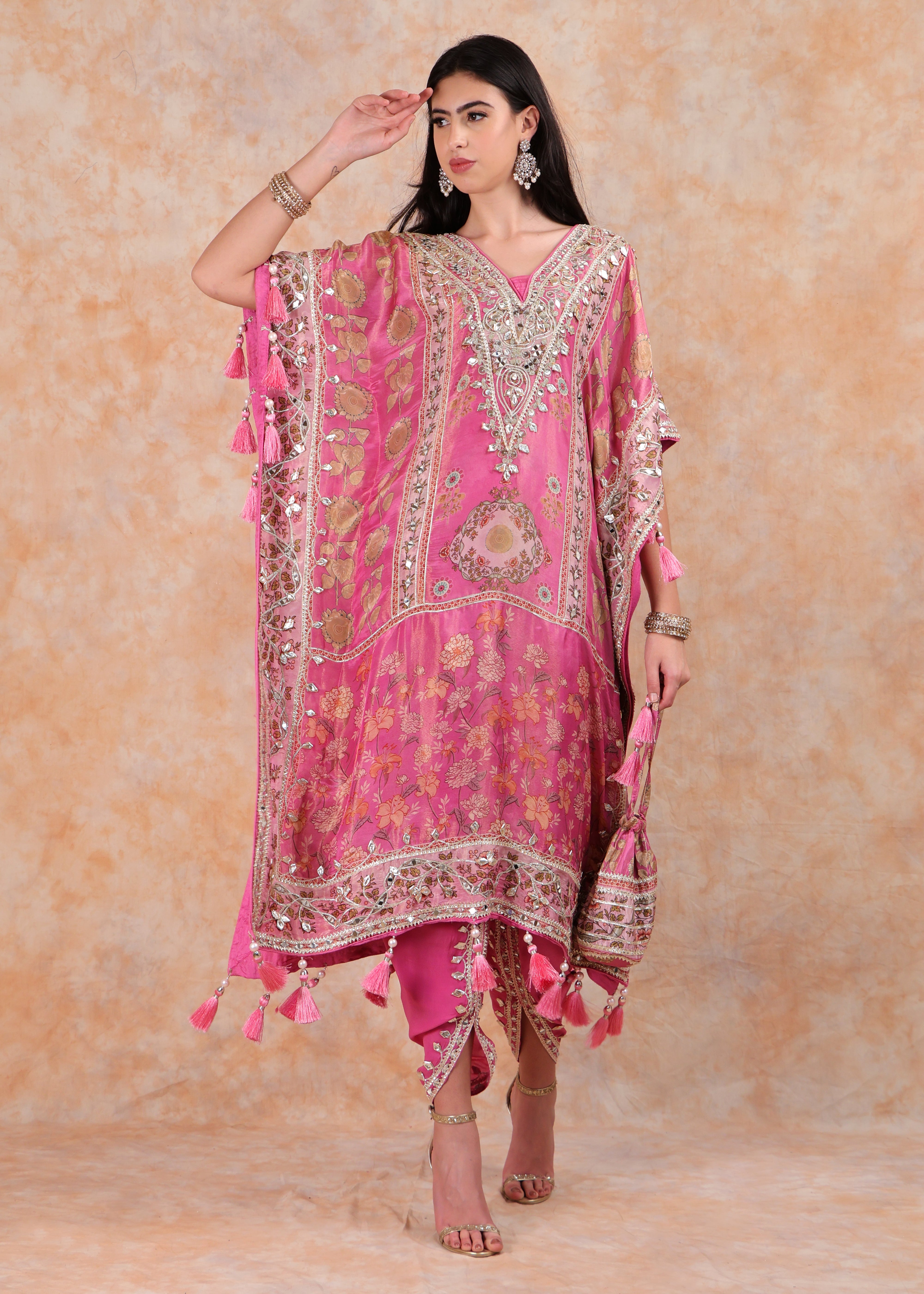 PINK PRINTED KAFTAN WITH EMBROIDERY AND SALWAR