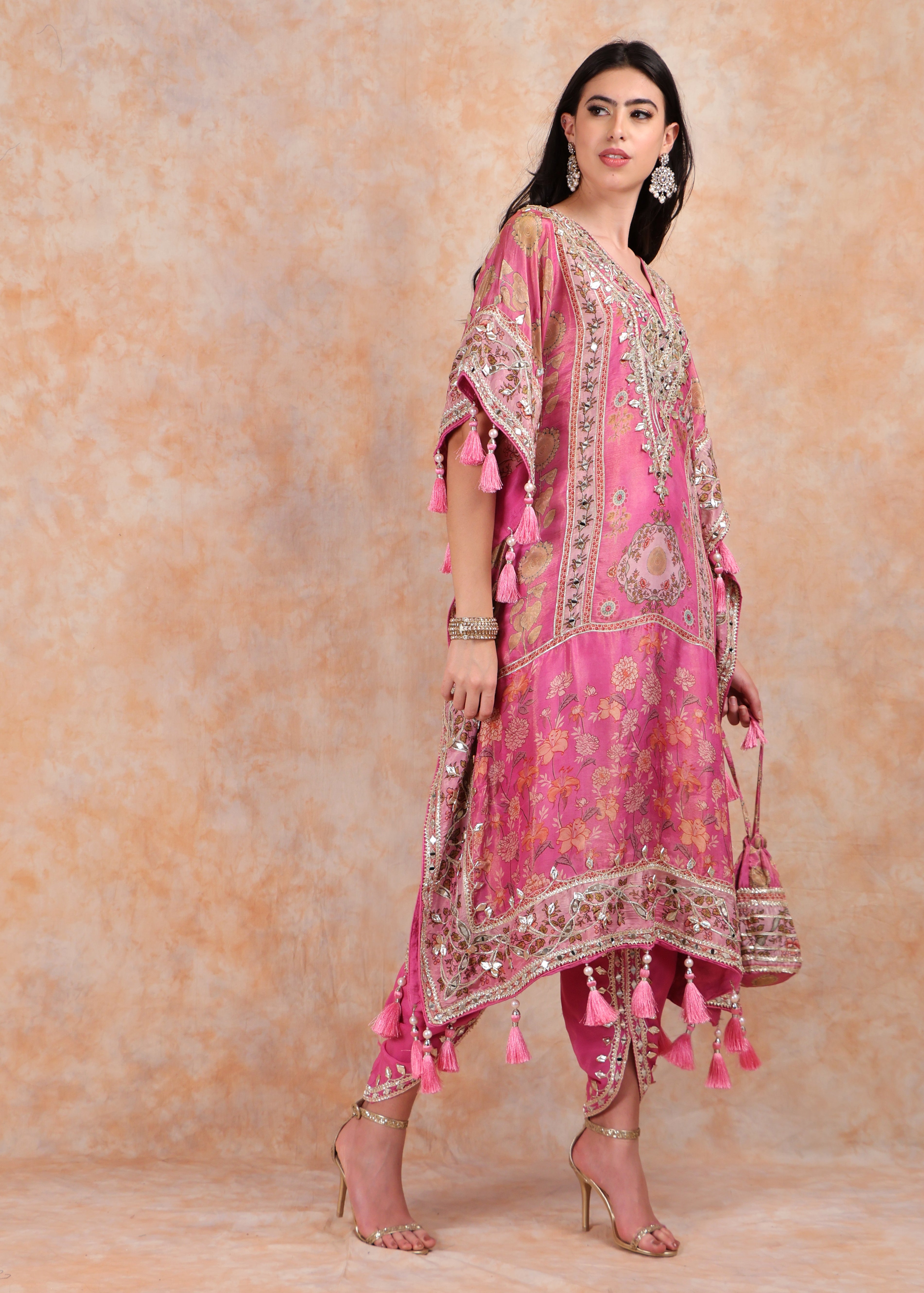 PINK PRINTED KAFTAN WITH EMBROIDERY AND SALWAR