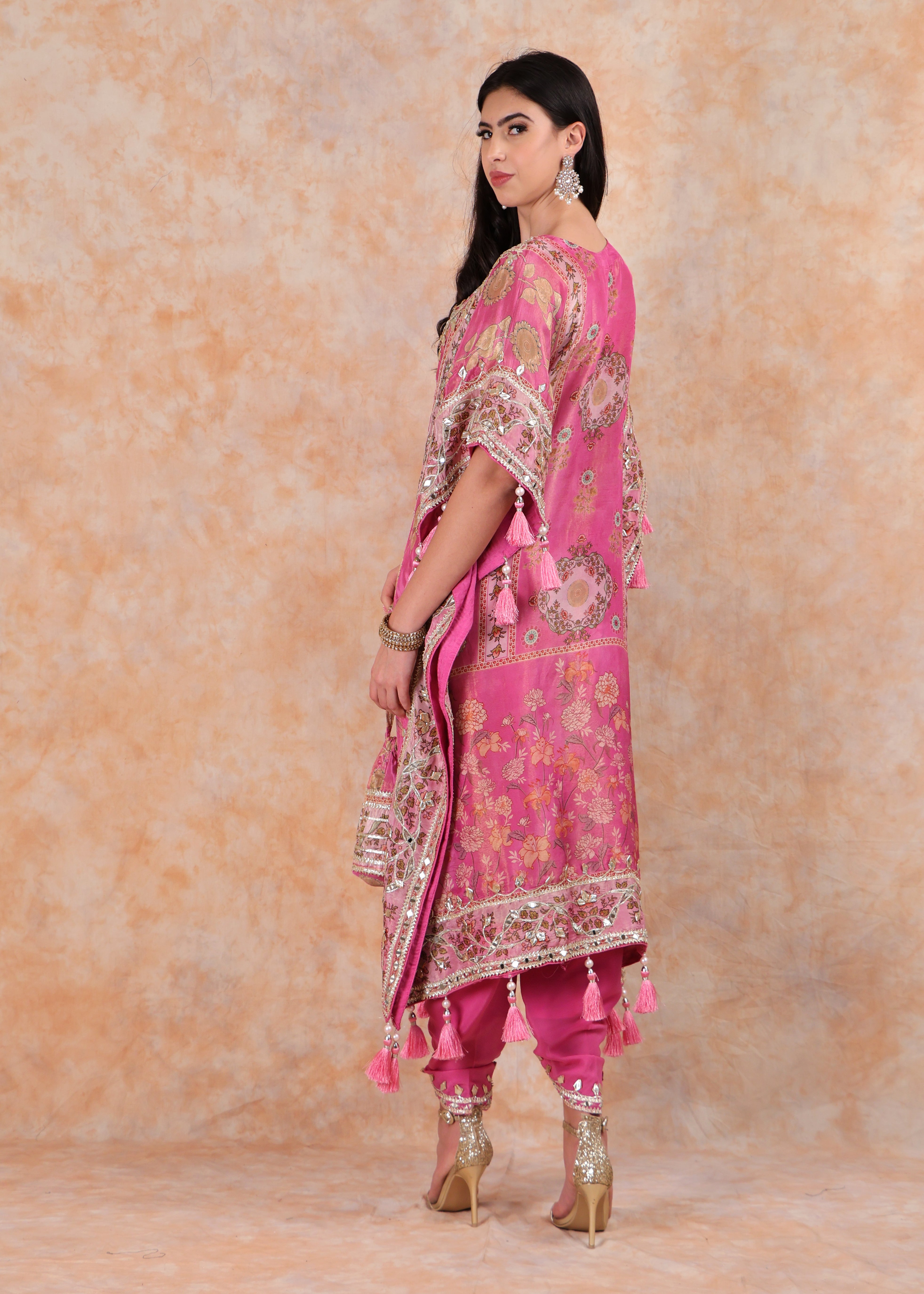 PINK PRINTED KAFTAN WITH EMBROIDERY AND SALWAR