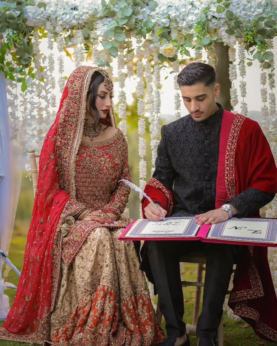 Black Embroidered Sherwani with Red Palla for Nikkah