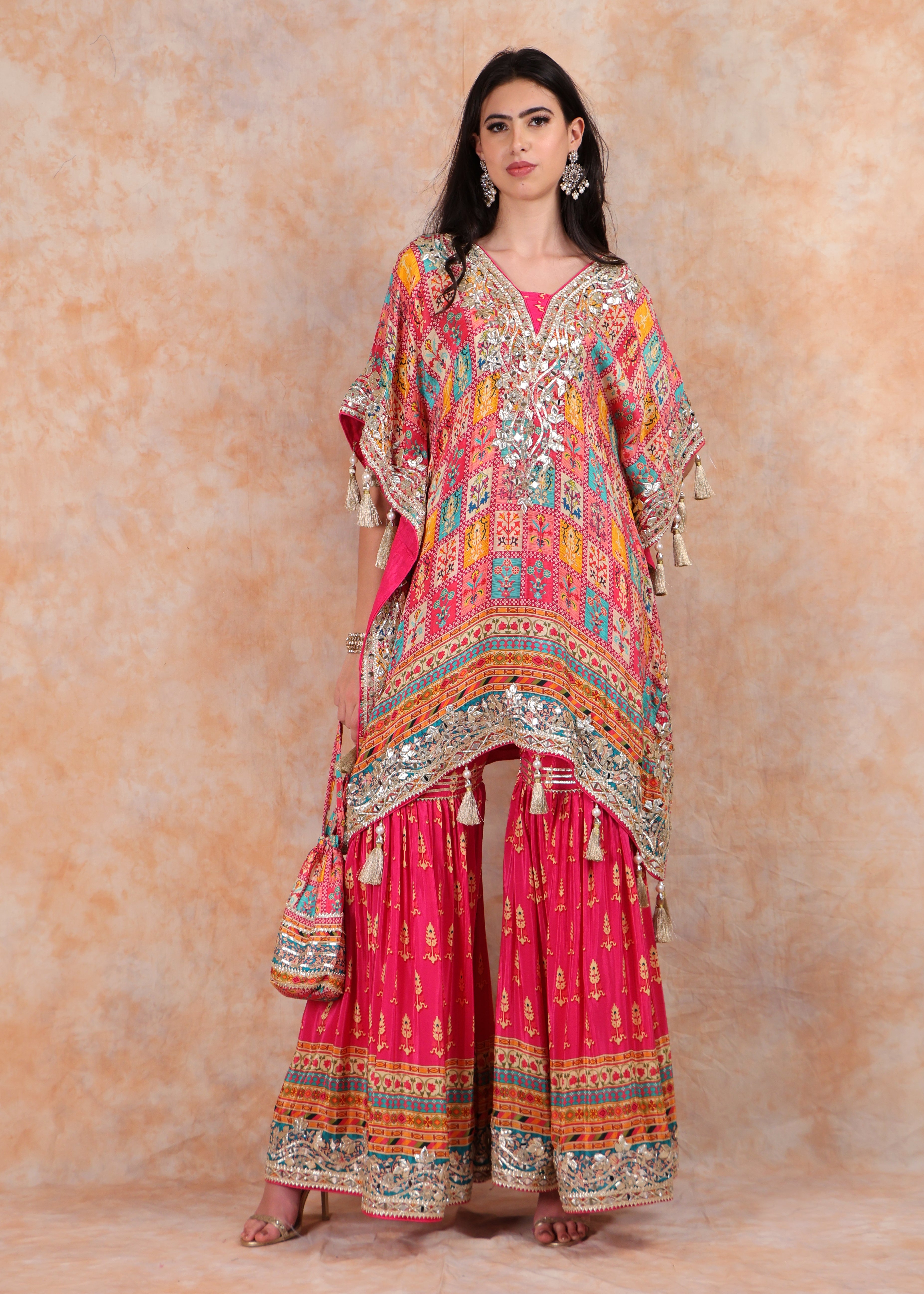 PINK PRINTED KAFTAN WITH EMBROIDERY AND SHARARA