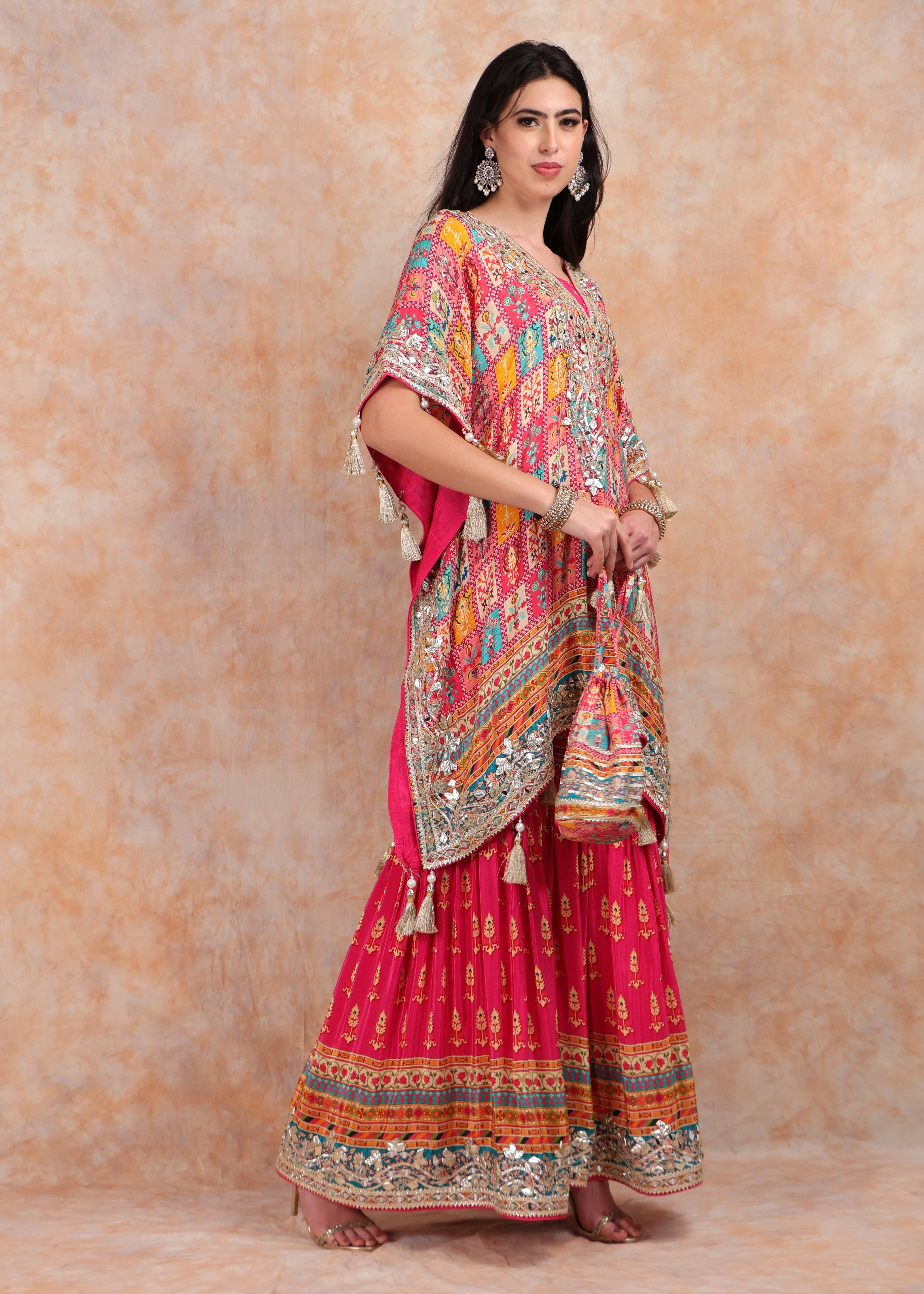PINK PRINTED KAFTAN WITH EMBROIDERY AND SHARARA