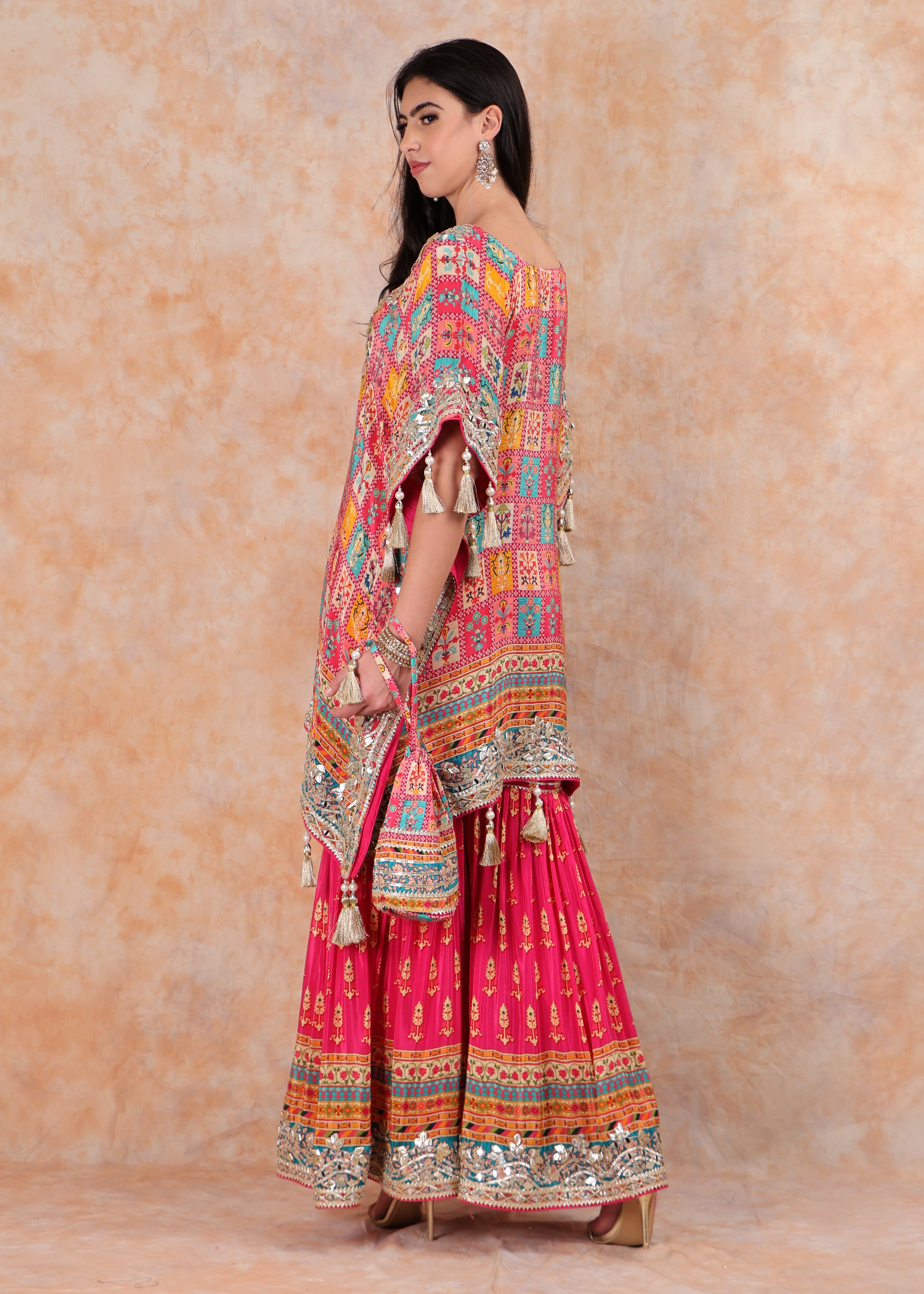 PINK PRINTED KAFTAN WITH EMBROIDERY AND SHARARA