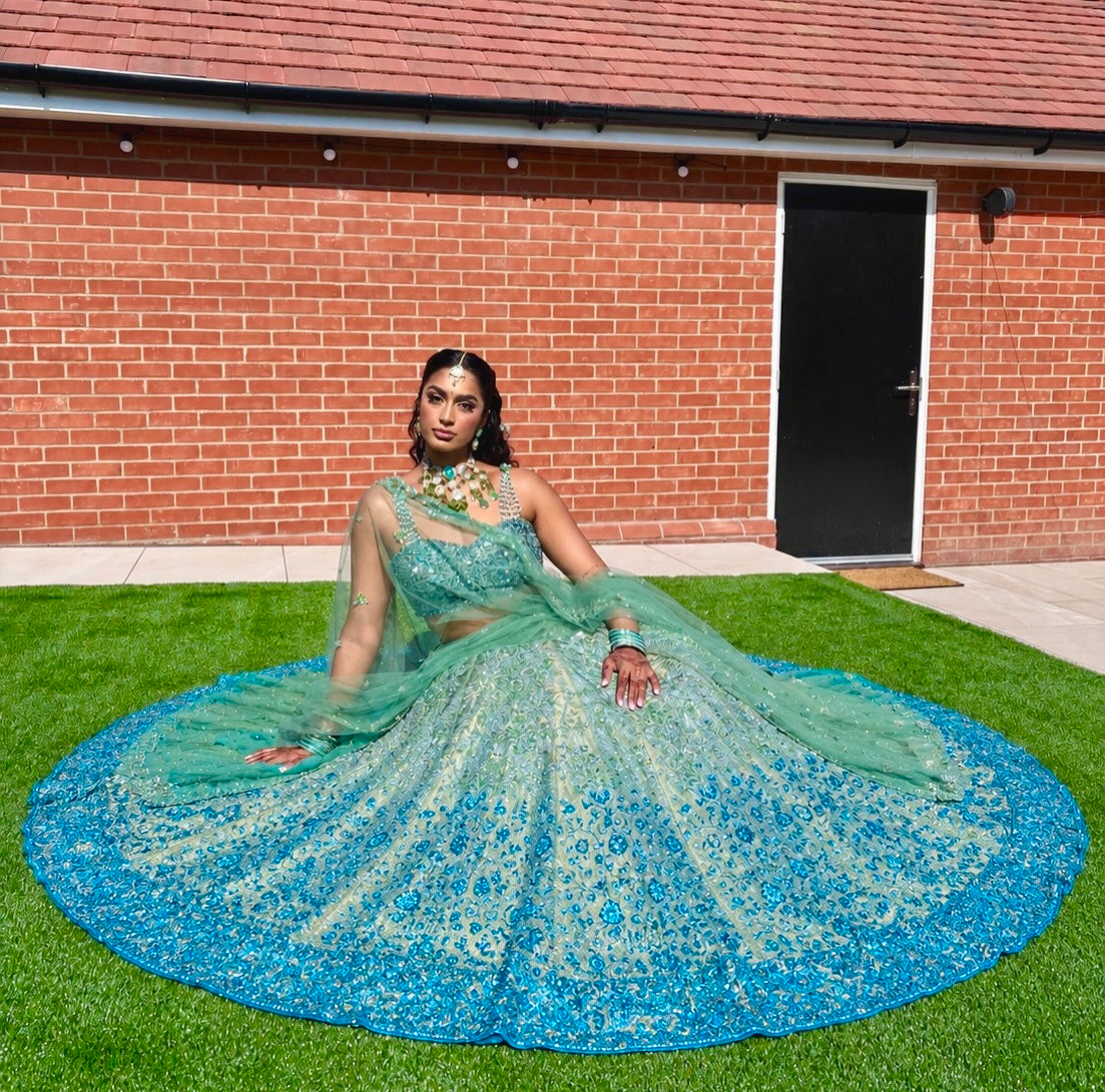 Bride Aman in Aqua Blue & Teal Embroidered Lehenga